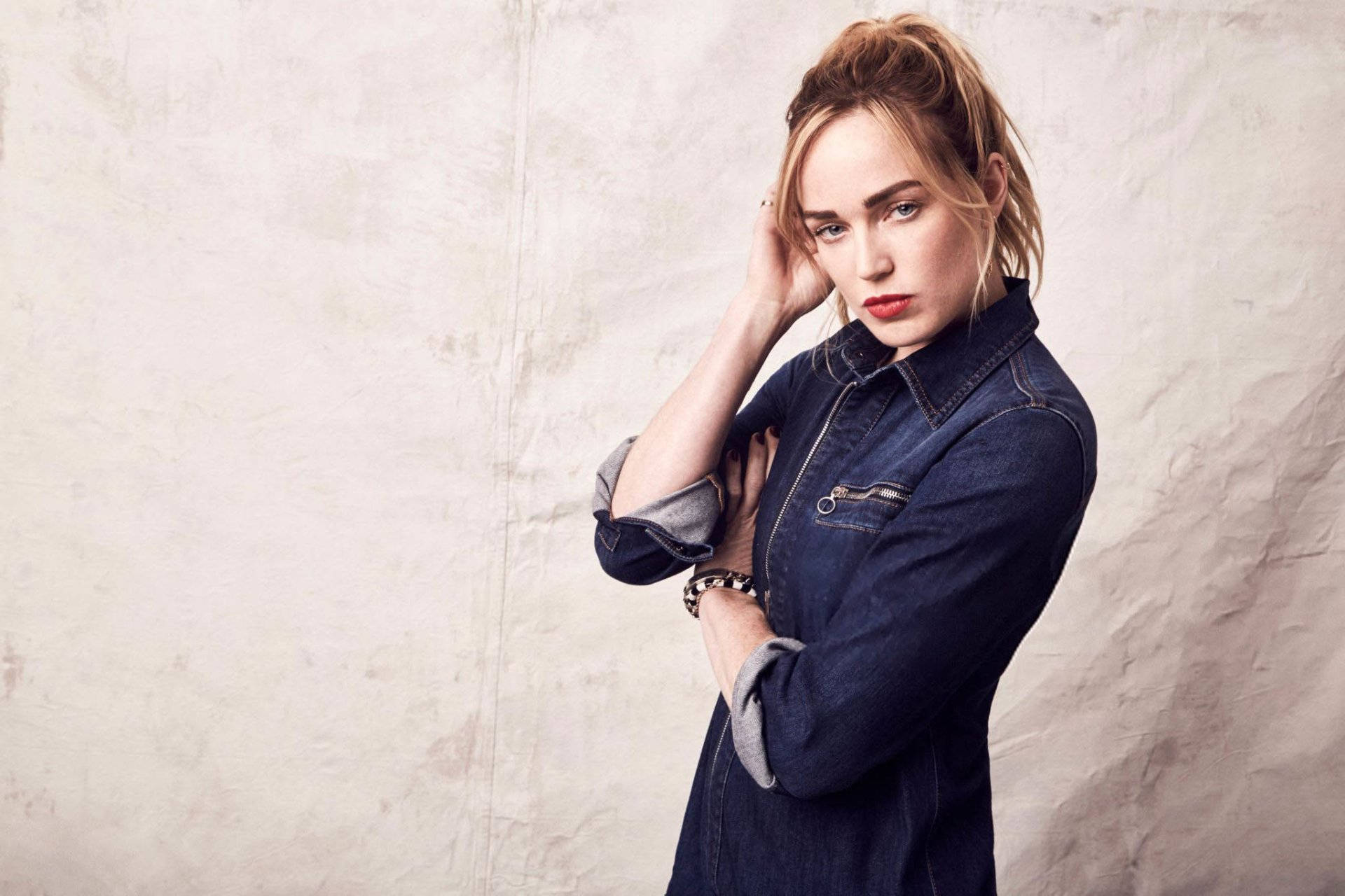 Caity Lotz, blue denim, denim jacket, Full HD Desktop Wallpaper