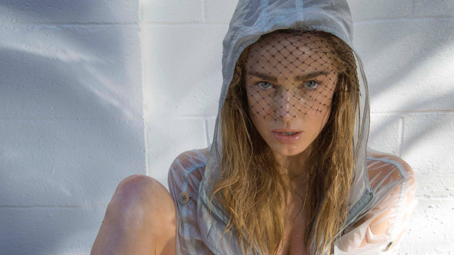 Caity Lotz, wet blonde hair, transparent hood, Full HD Desktop Wallpaper