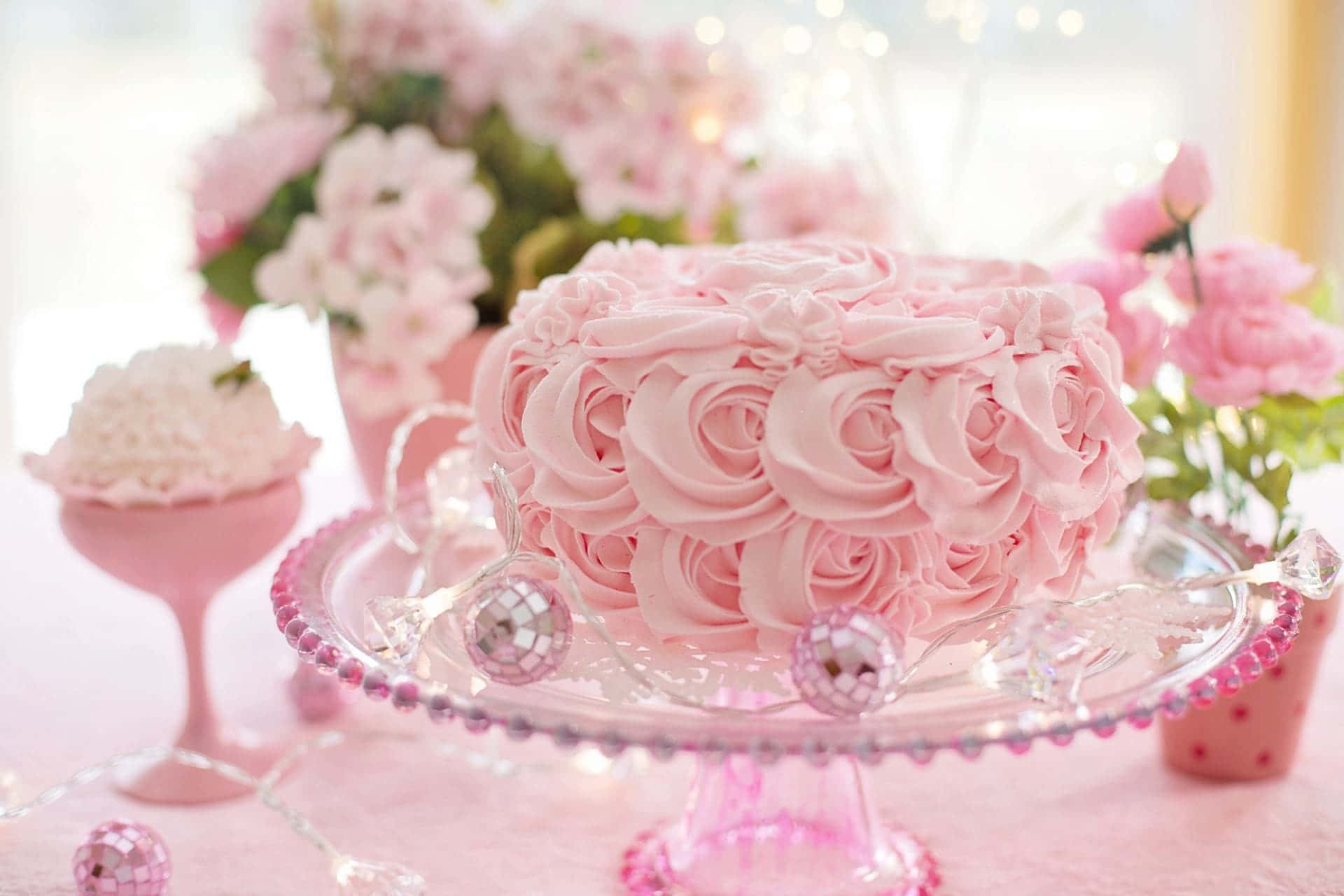 cake fondant, pink cake, rose-shaped frosting, Full HD Desktop Wallpaper
