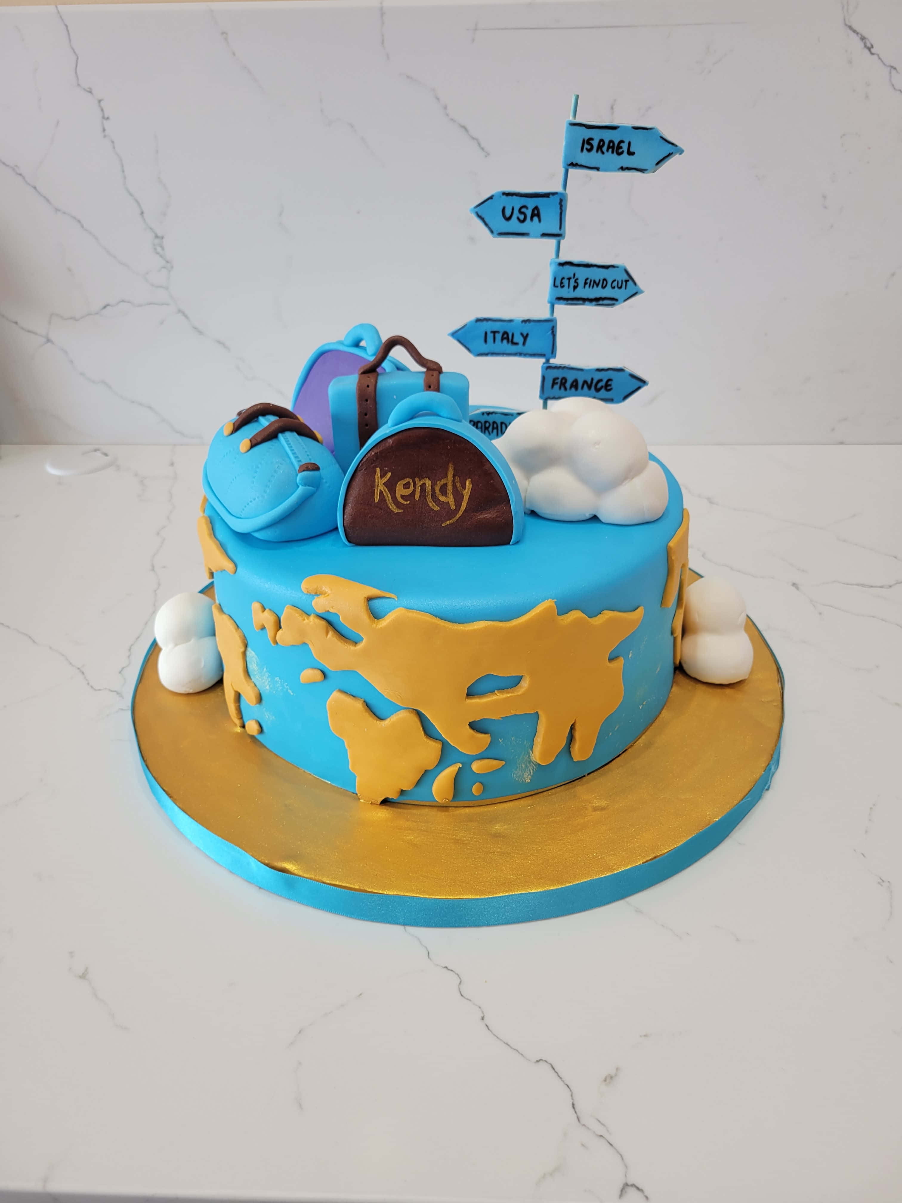 Cake Fondant, blue fondant cake, world map gold outline, 4K Phone Wallpaper