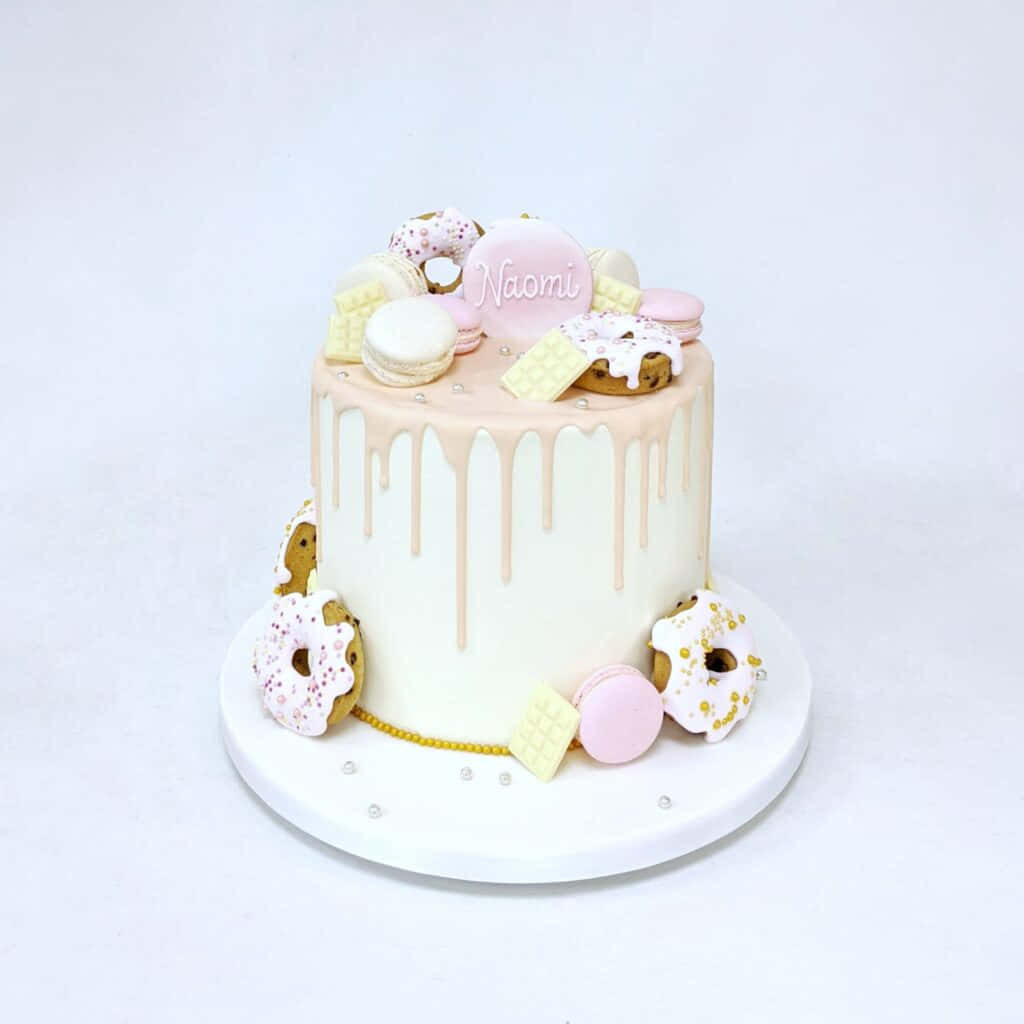 pastel pink drip cake, macarons donuts, personalized name plaque, SD Desktop Wallpaper