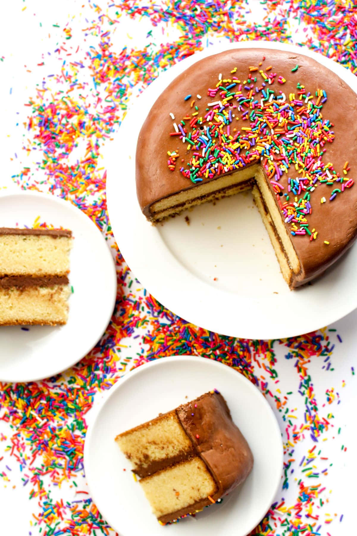 chocolate cake, rainbow sprinkles, white plate, HD Phone Wallpaper