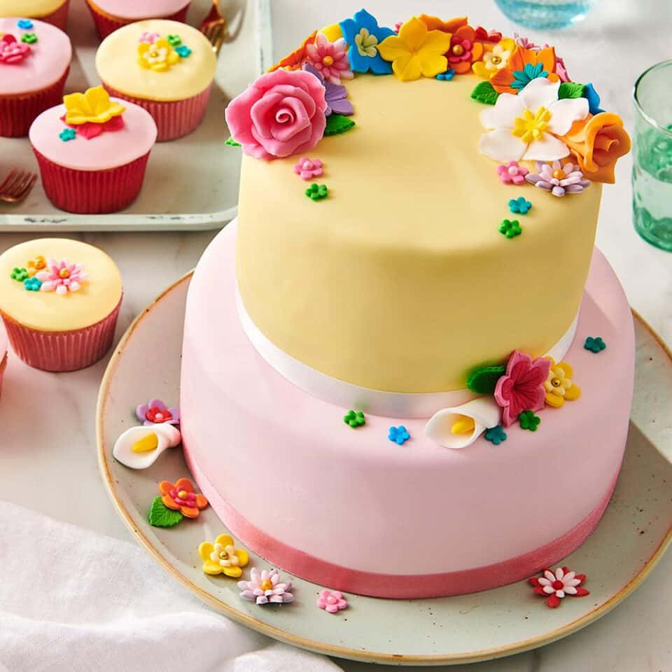 cake fondant, two-tiered cake, pink and yellow fondant tiers, SD Desktop Wallpaper