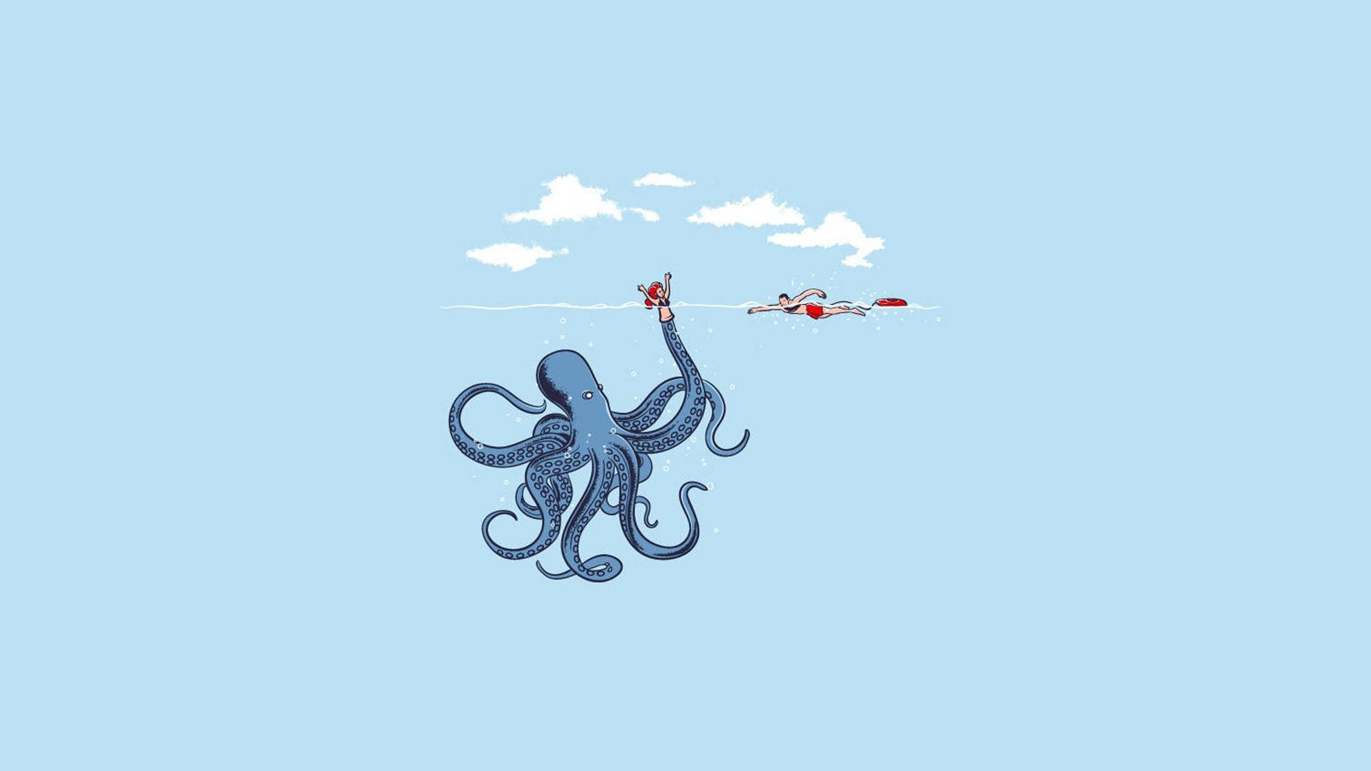 blue calamari, cartoon octopus, red floatie, Full HD Desktop Wallpaper