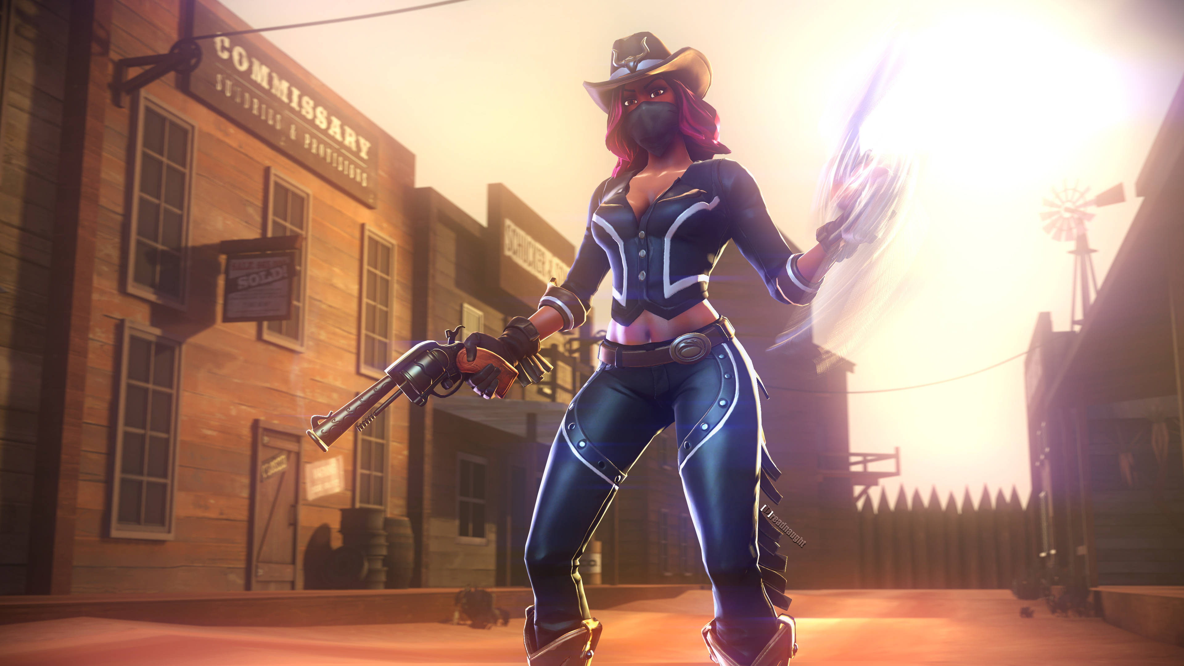 Calamity Fortnite, masked female cowboy, blue leather gear, 4K Desktop Wallpaper