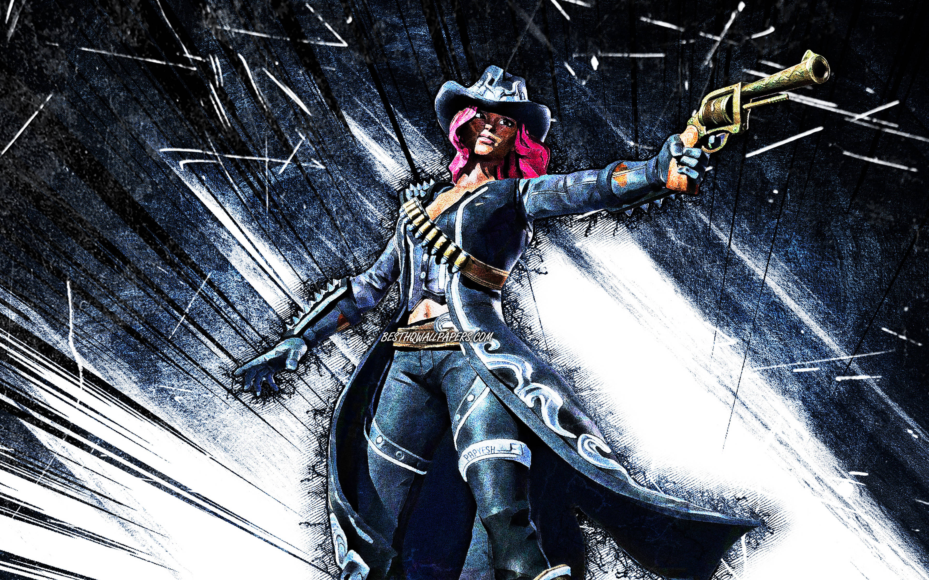 Calamity Fortnite, pink-haired cowboy woman, dark gear, 4K Desktop Wallpaper