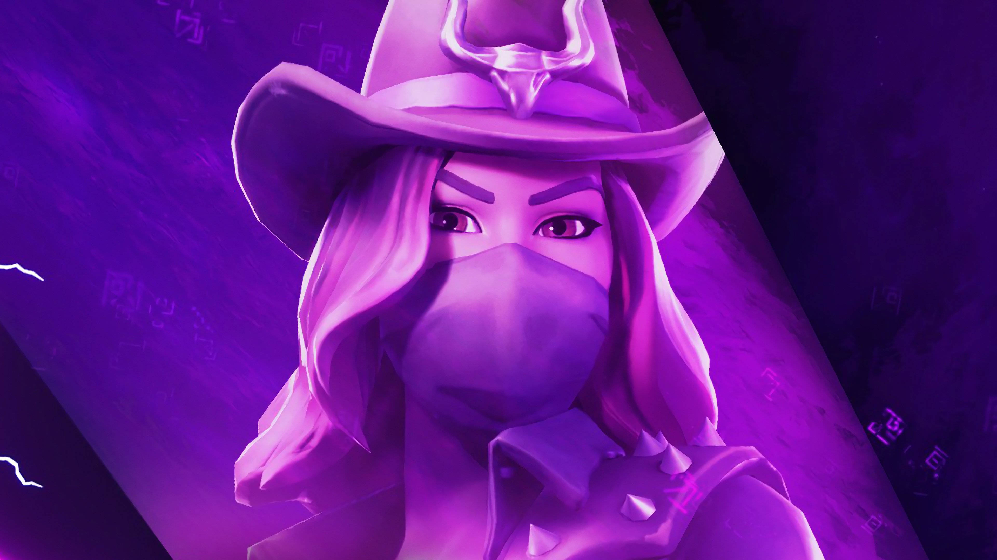 Calamity Fortnite, purple cowboy hat, mask, 4K Desktop Wallpaper
