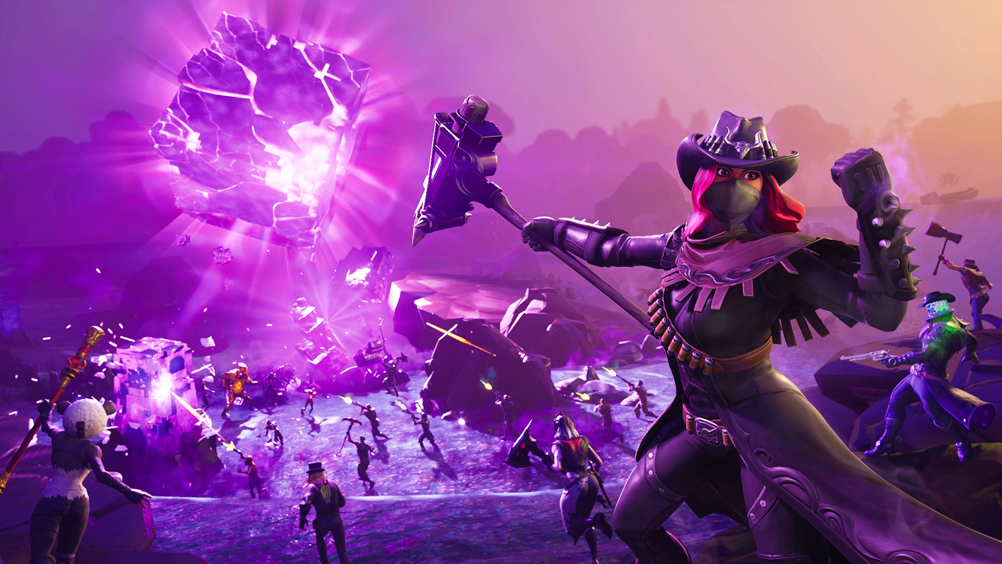 Calamity Fortnite, cowboy-themed character, glowing purple hammer, 4K Desktop Wallpaper