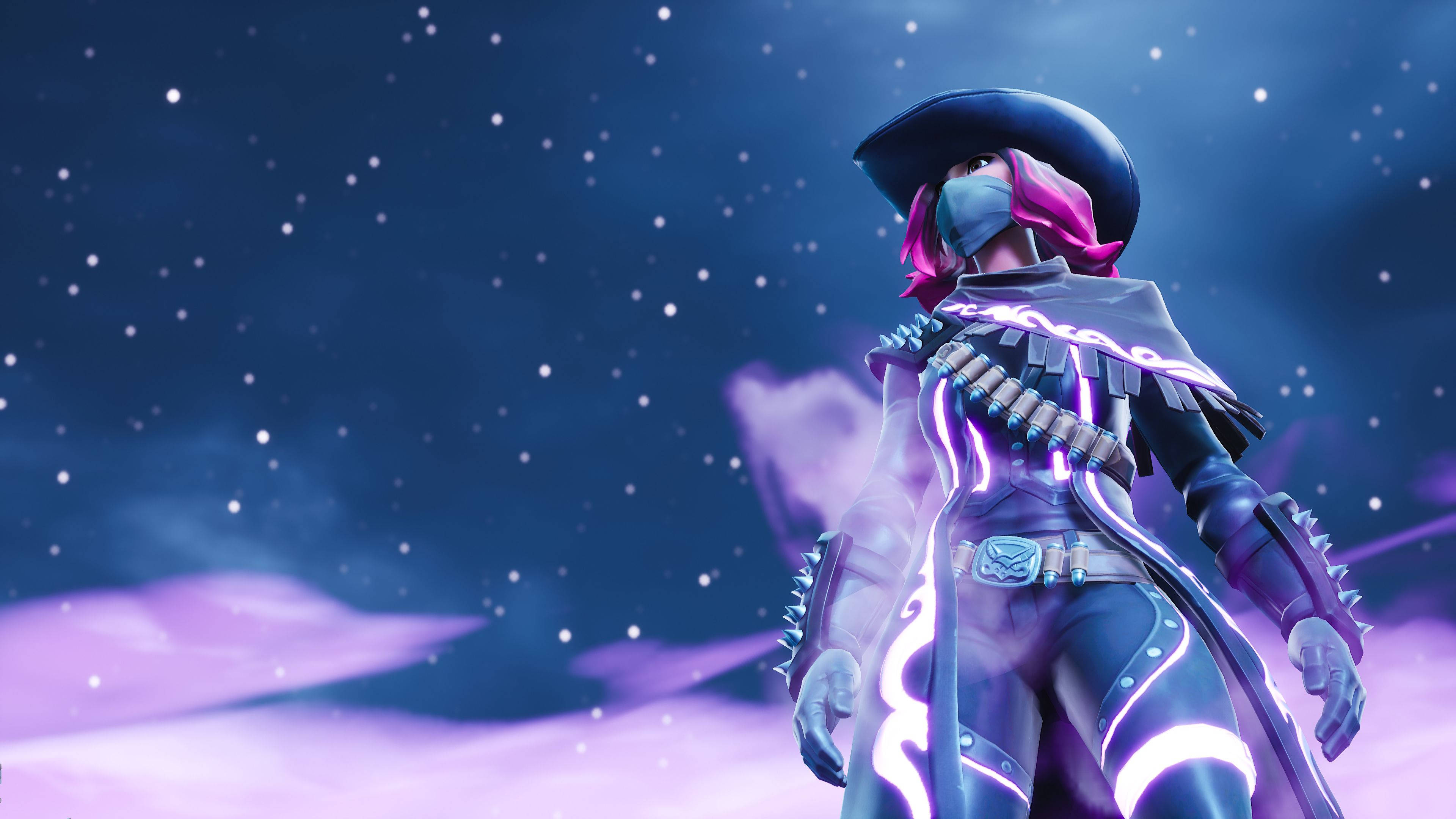 Calamity Fortnite Galaxy, pink hair, glowing purple armor, 4K Desktop Wallpaper