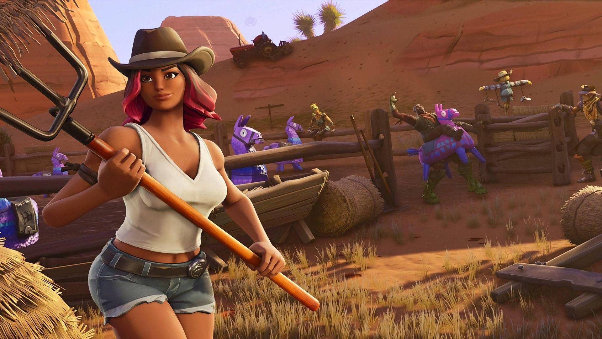 Calamity Fortnite, pink hair, pitchfork, Full HD Desktop Wallpaper