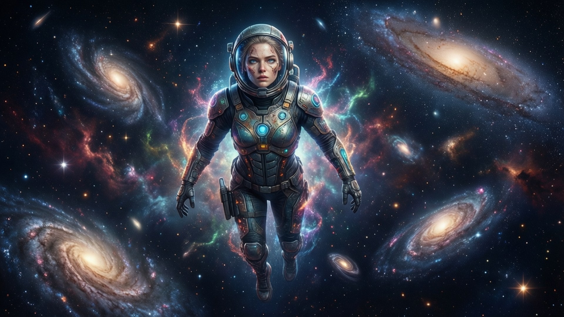 Cosmic Calamity, female astronaut, spacesuit, Full HD Desktop Wallpaper