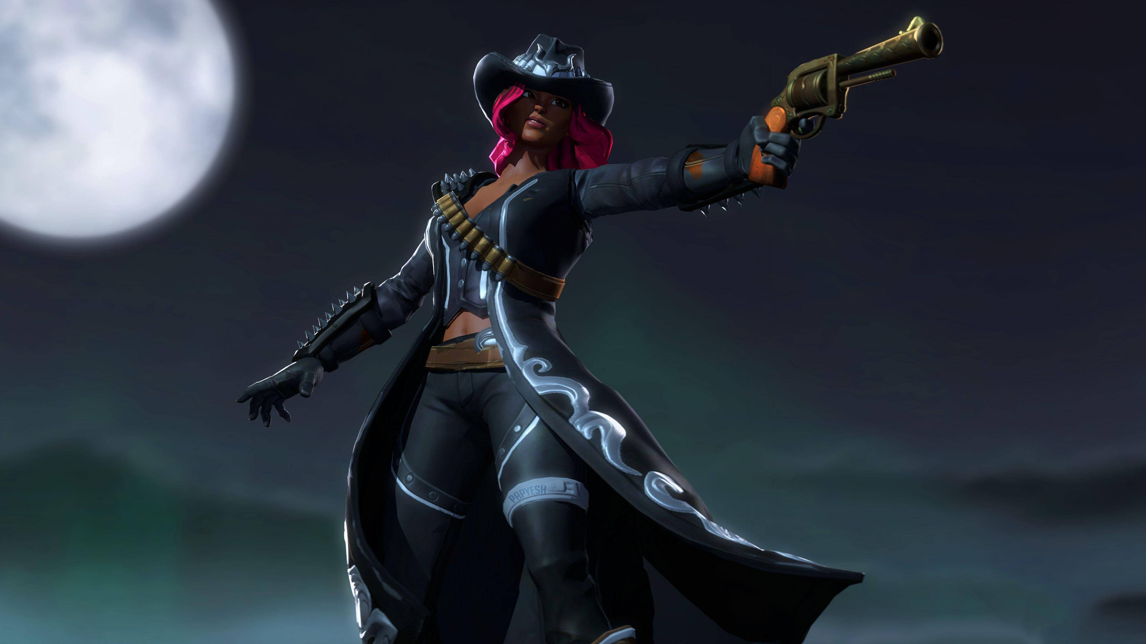 Calamity Fortnite, full moon, female cowboy character, 4K Desktop Wallpaper