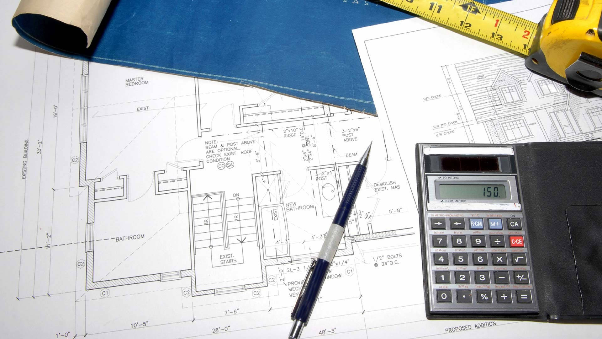 civil engineering blueprint, calculator, tape measure, Full HD Desktop Wallpaper