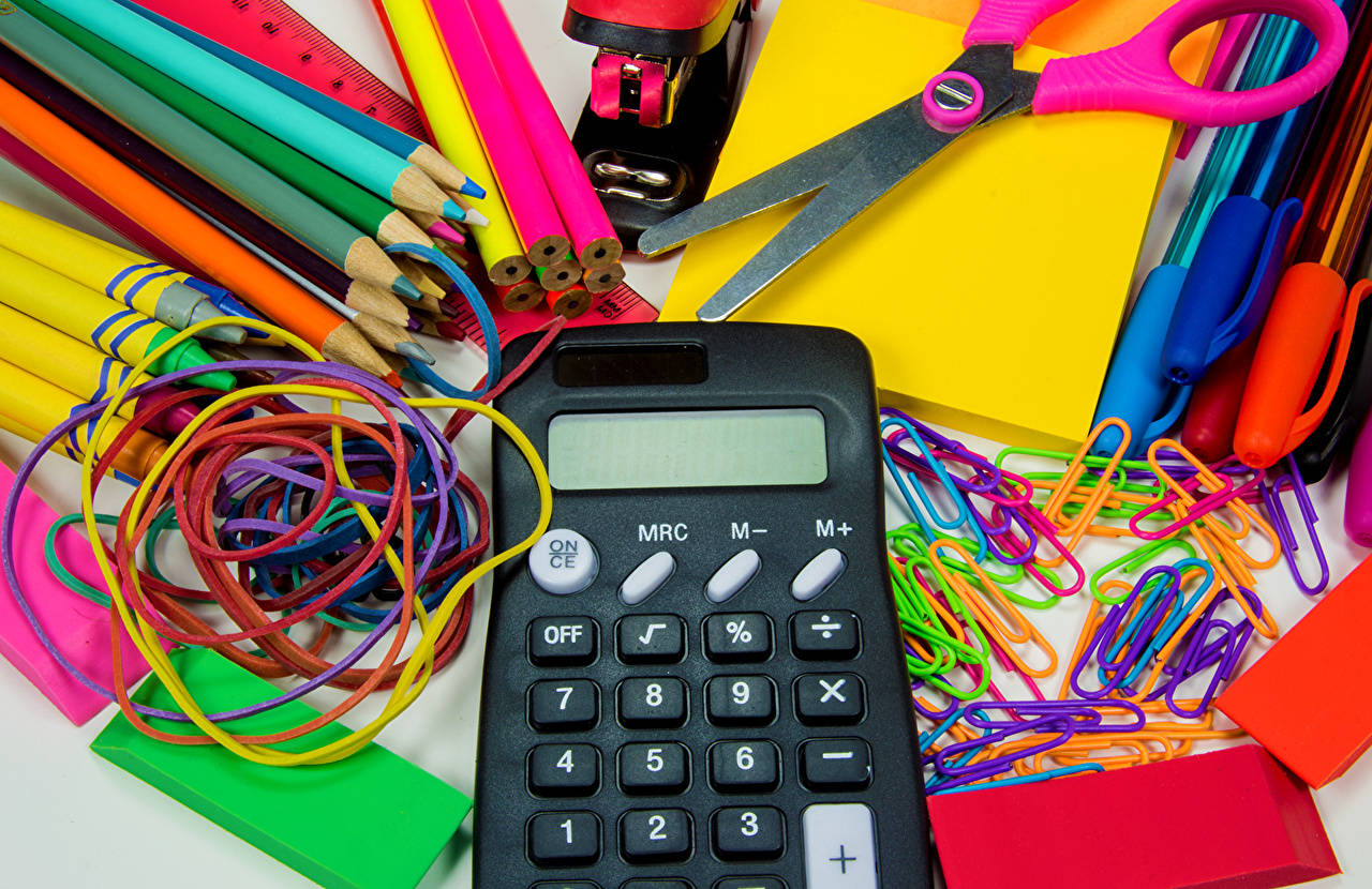 black calculator, colorful school supplies, white surface, HD Desktop Wallpaper