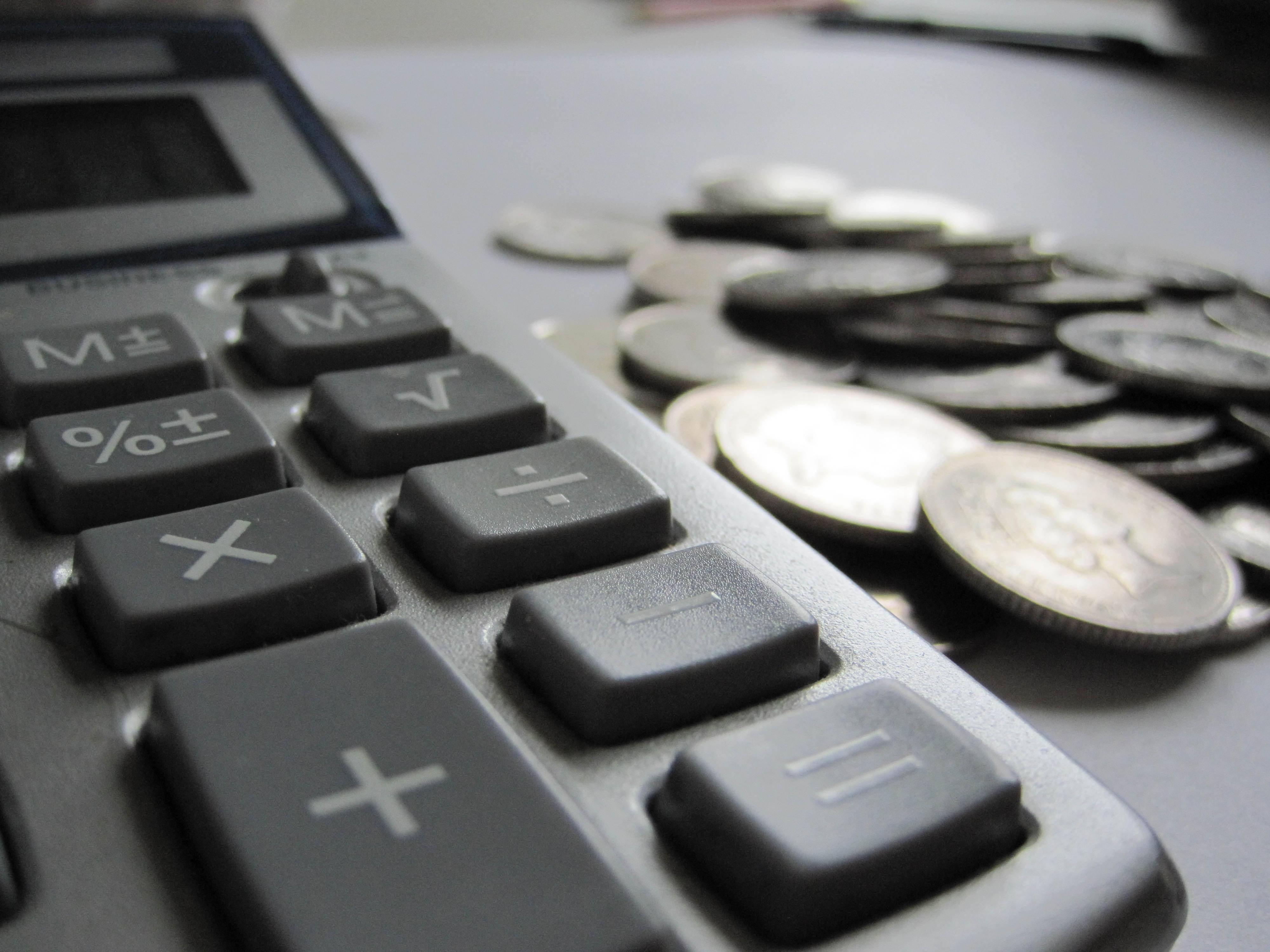 gray calculator, silver coins, flat surface, 4K Desktop Wallpaper