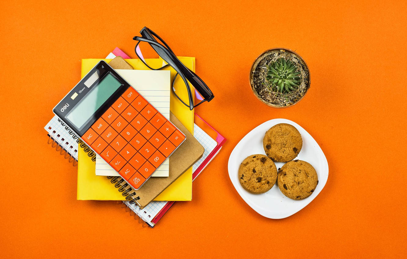 aesthetic calculator, orange, flat lay, HD Desktop Wallpaper