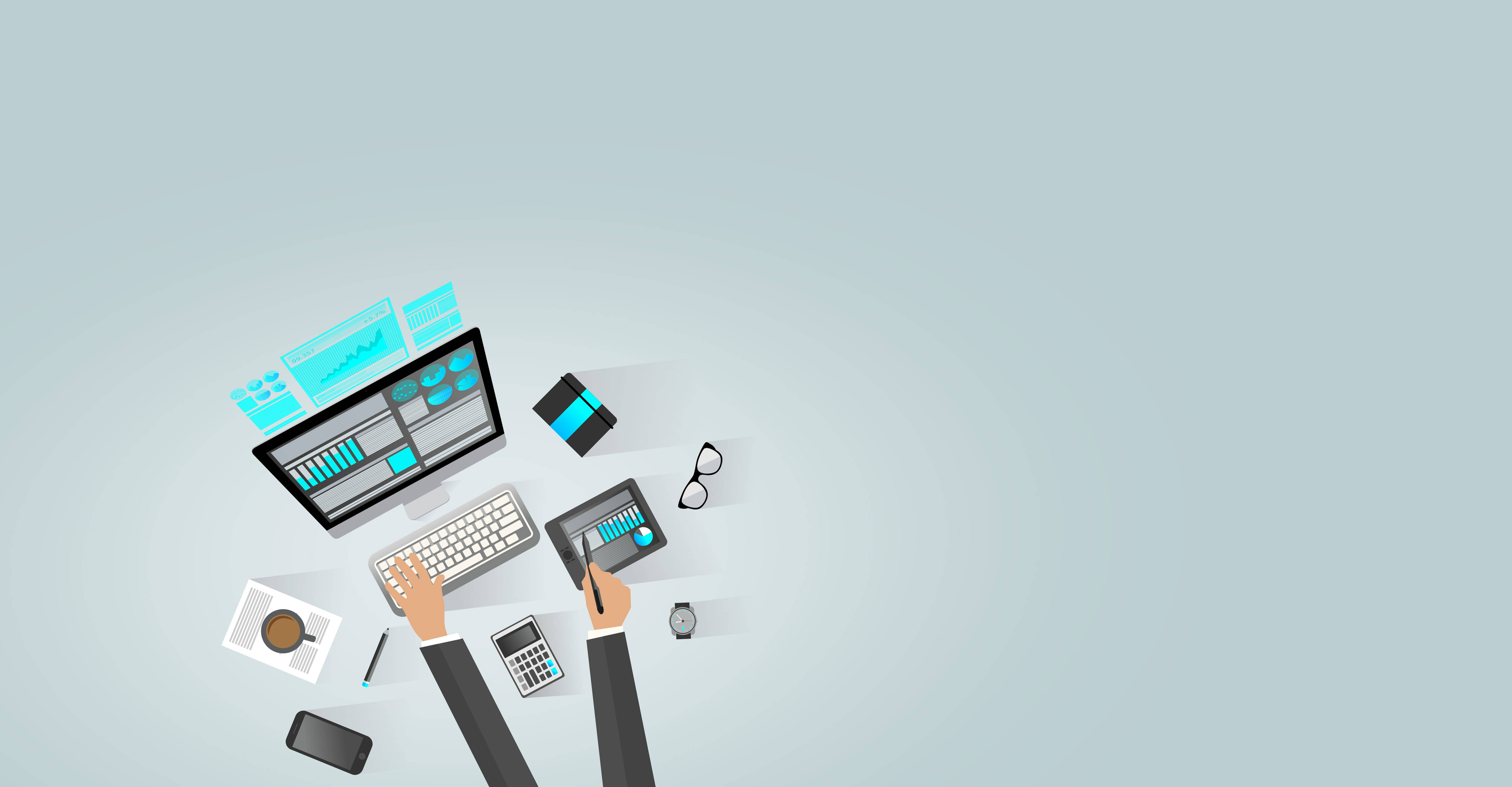 digital calculator, desk, light blue background, 4K Desktop Wallpaper
