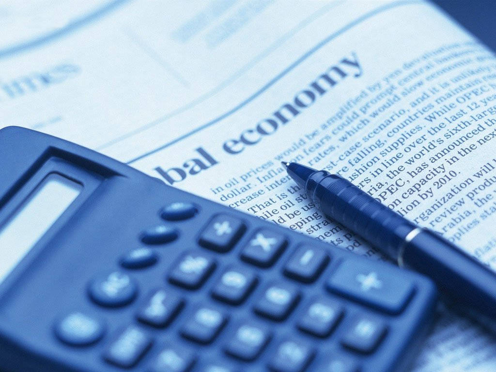 blue calculator, pen, newspaper article about the global economy, SD Desktop Wallpaper