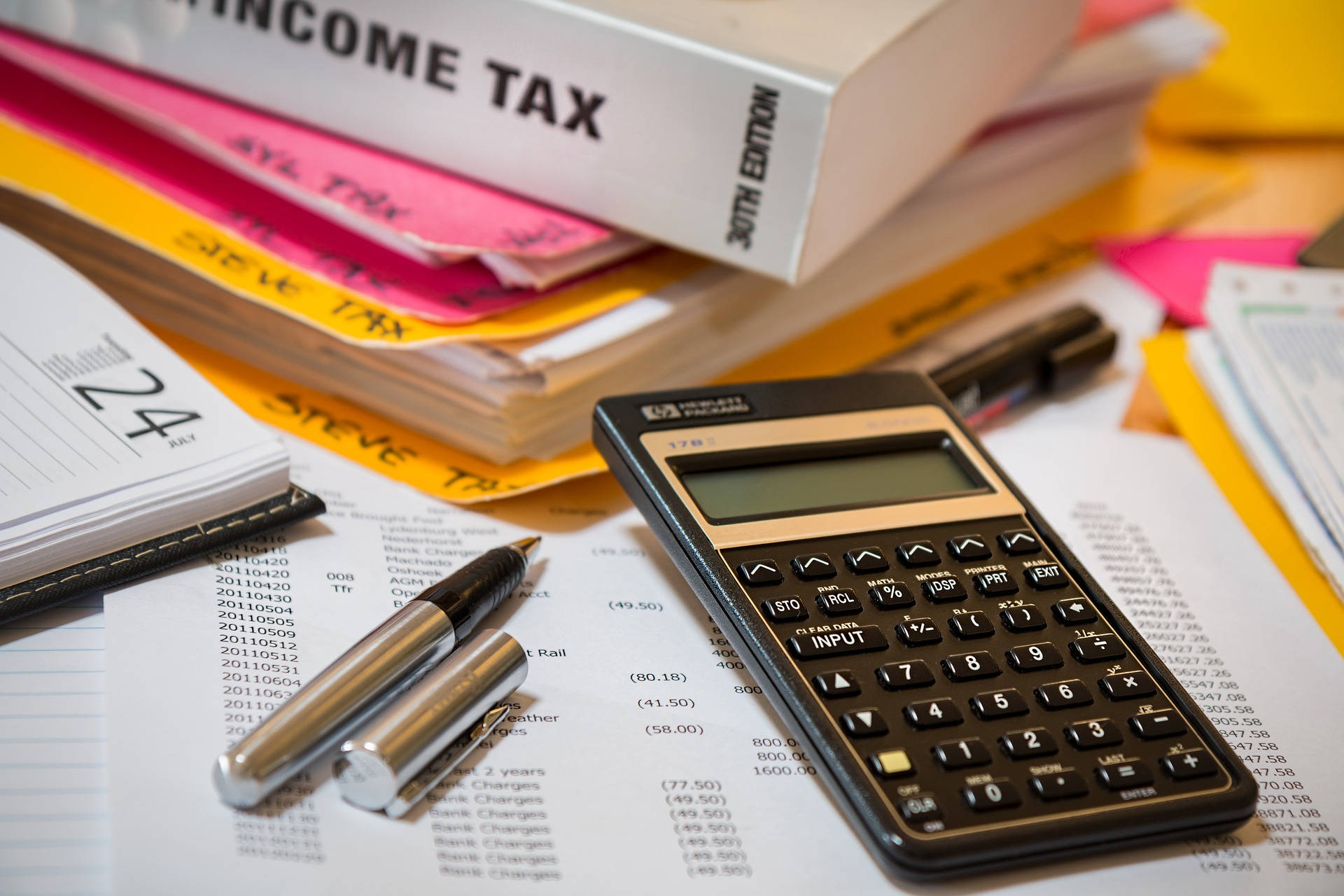 calculator, financial documents, tax books, Full HD Desktop Wallpaper