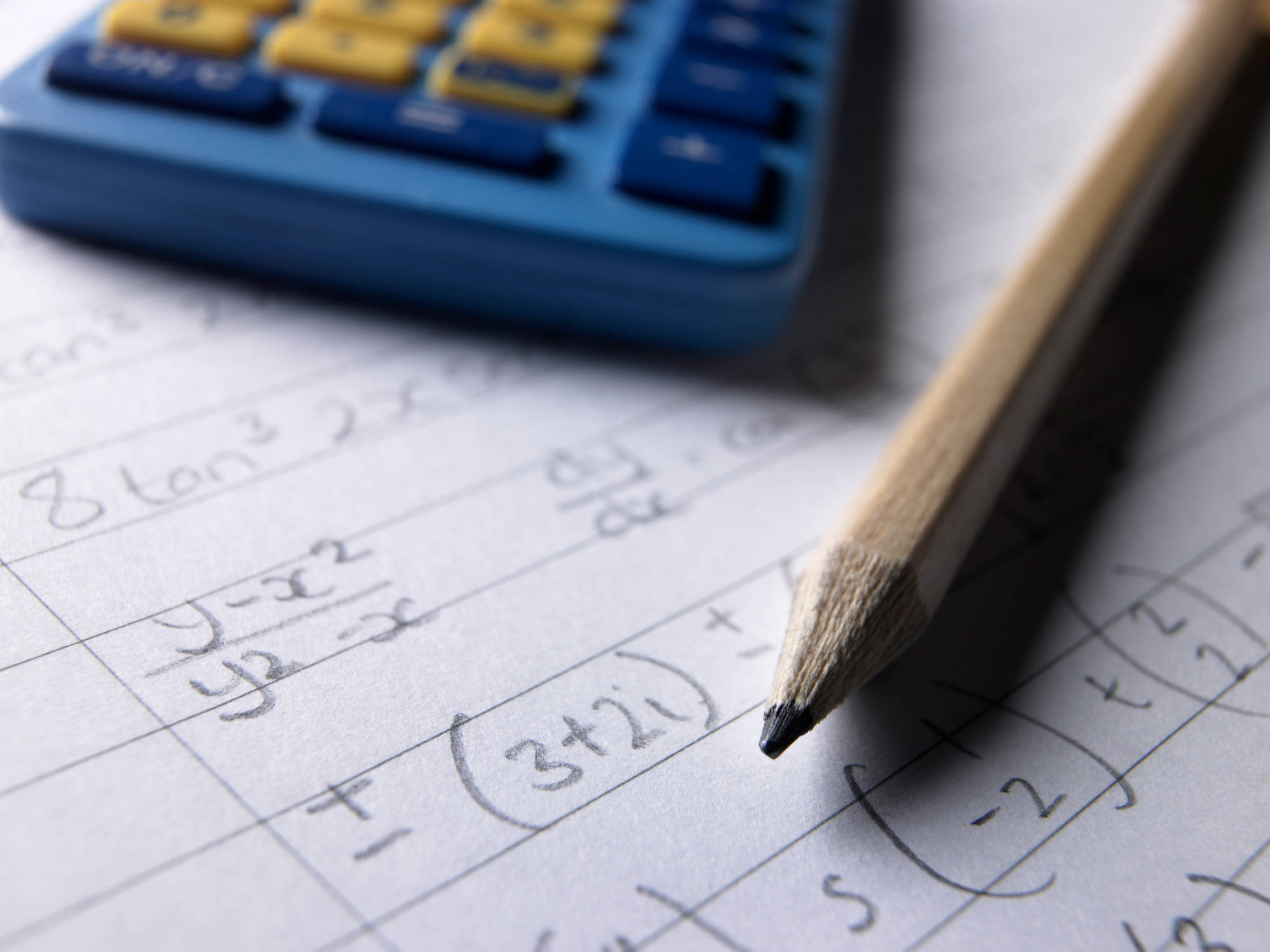 calculus equations, blue calculator, sharpened pencil, Full HD Desktop Wallpaper