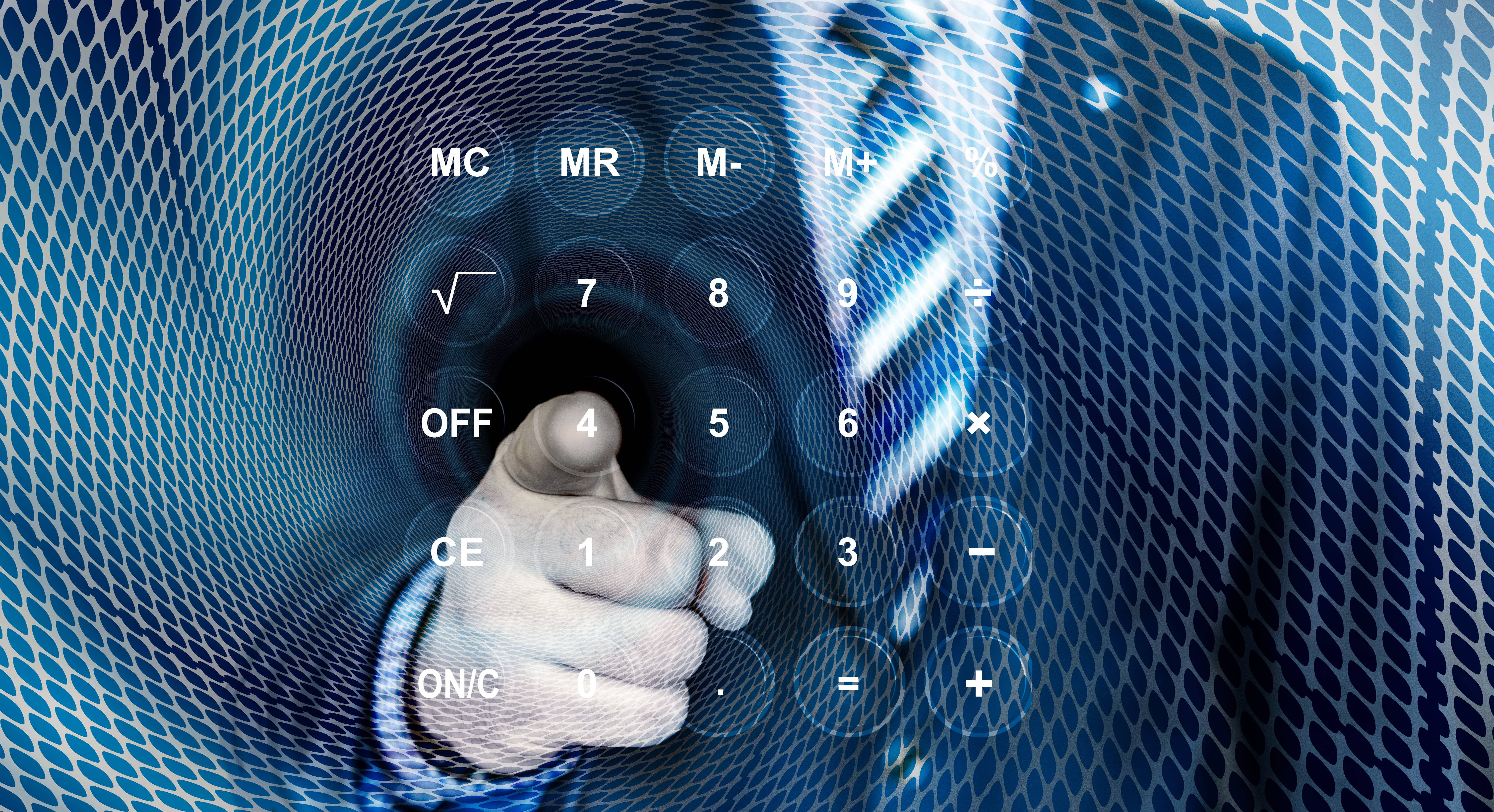 holographic calculator, glowing calculator, blue digital mesh background, 5K Desktop Wallpaper