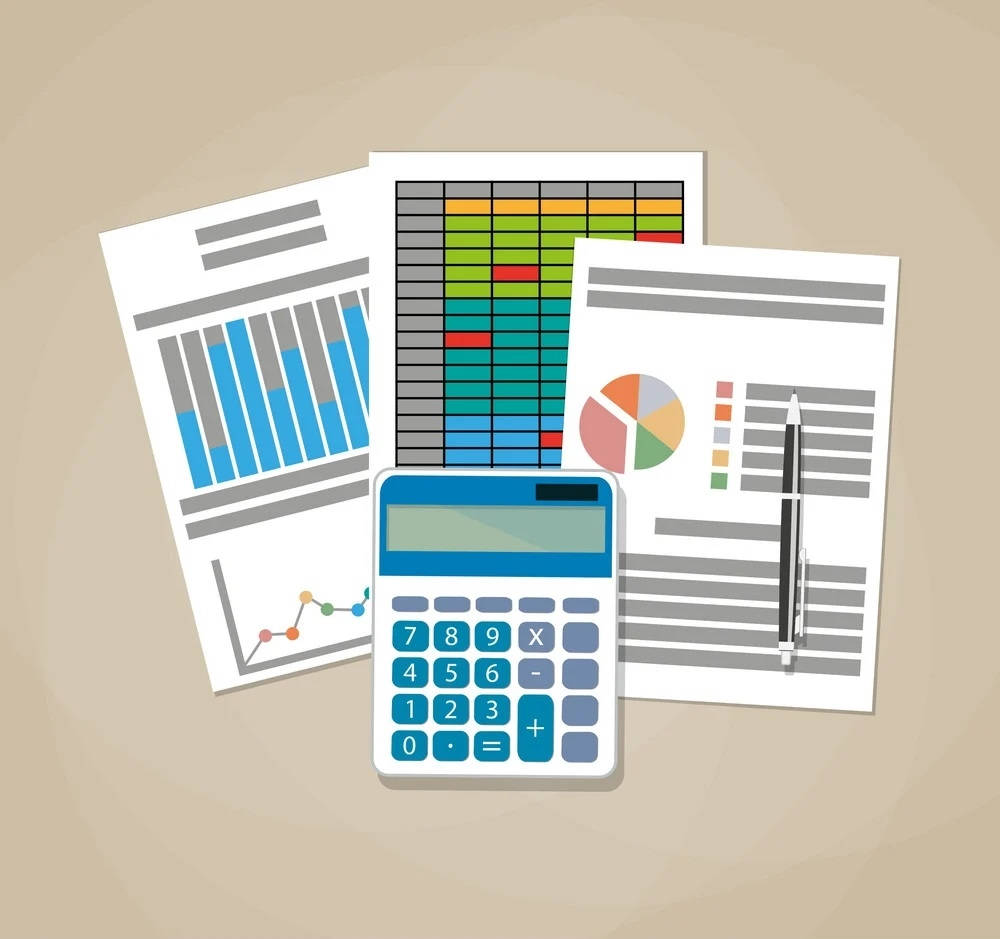 blue calculator, colorful financial charts and graphs, beige background, SD Desktop Wallpaper