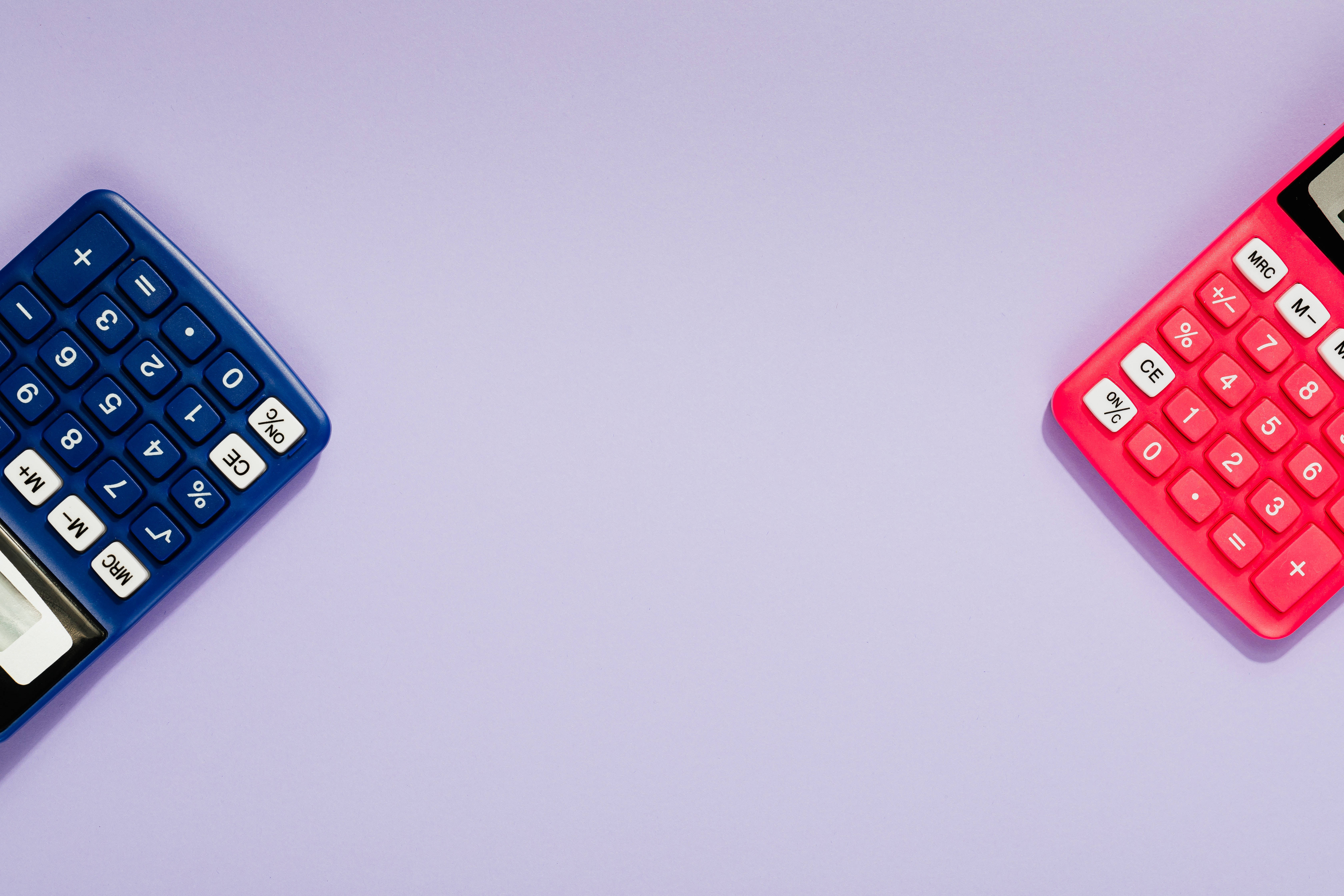 red calculators, blue calculators, lavender background, 5K Desktop Wallpaper