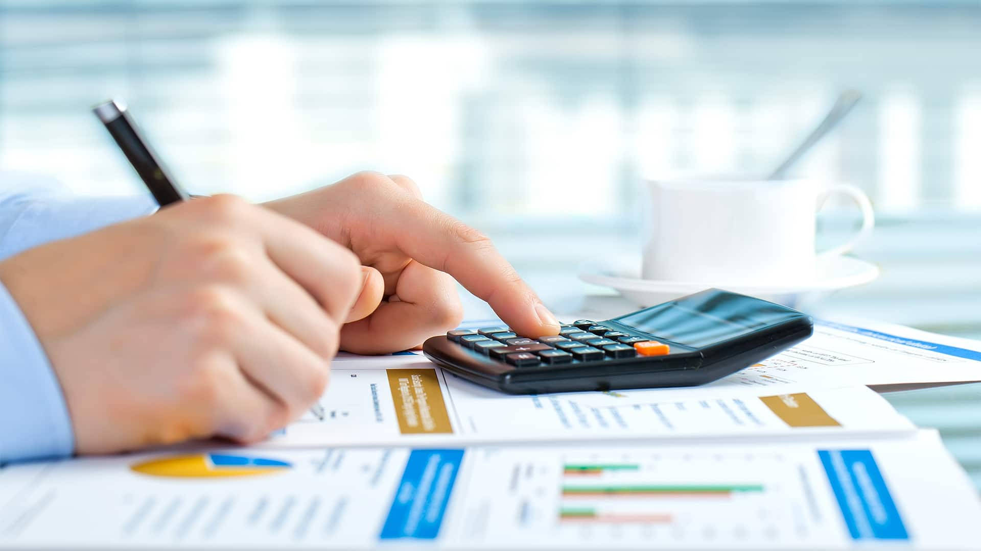 calculator, financial documents, coffee cup, Full HD Desktop Wallpaper