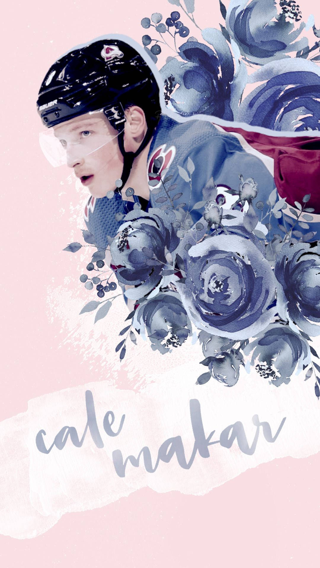 Cale Makar, blue floral watercolor art, soft pink background, Full HD Phone Wallpaper