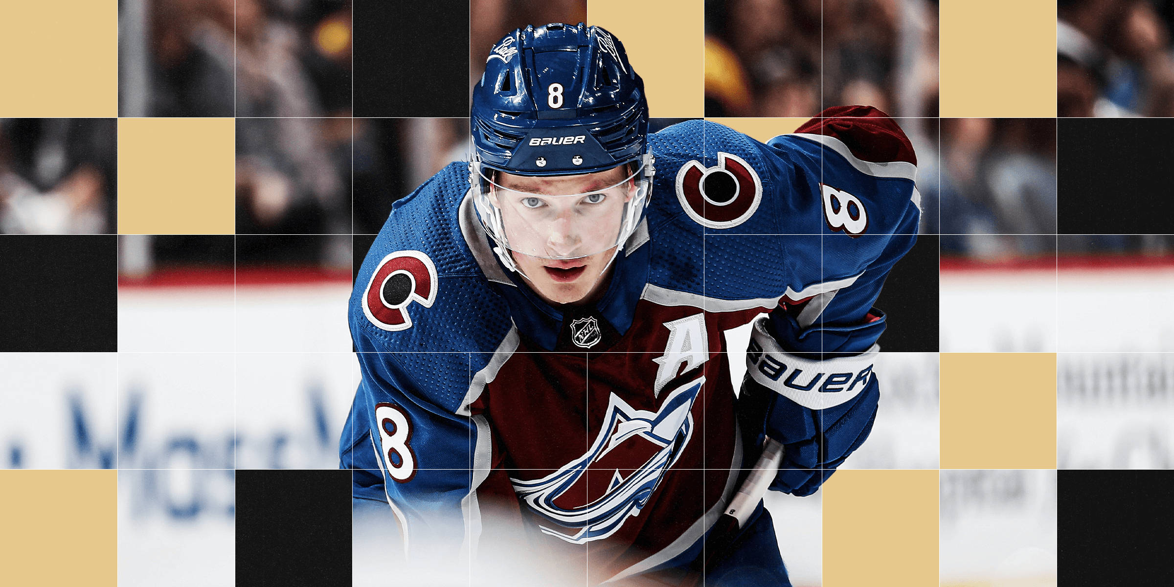 Cale Makar, blue and maroon jersey, number 8, Full HD Desktop Wallpaper