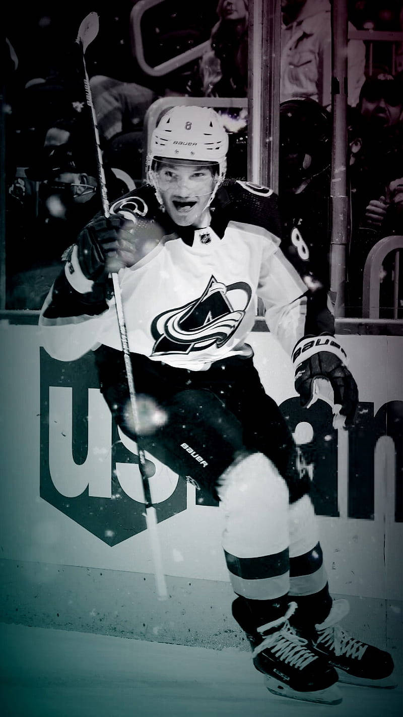 Cale Makar, white and black uniform, stick raised, HD Phone Wallpaper