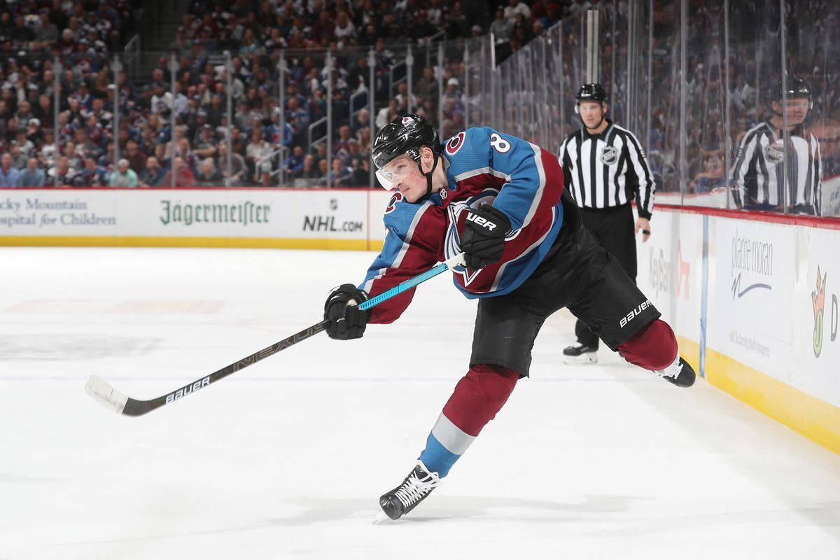 Cale Makar, blue maroon and black uniform, ice rink, SD Desktop Wallpaper