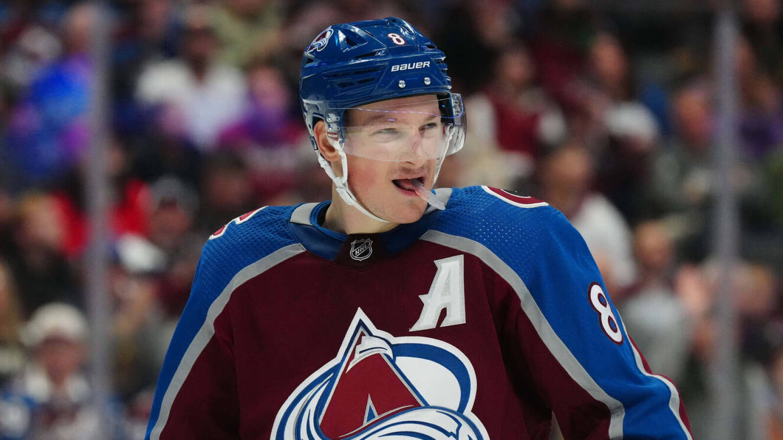 Cale Makar, maroon and blue jersey, A on his chest, HD Desktop Wallpaper
