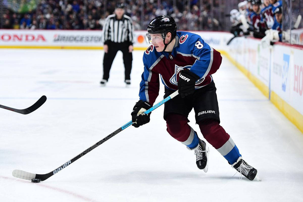 Cale Makar, blue and maroon jersey, ice rink, SD Desktop Wallpaper