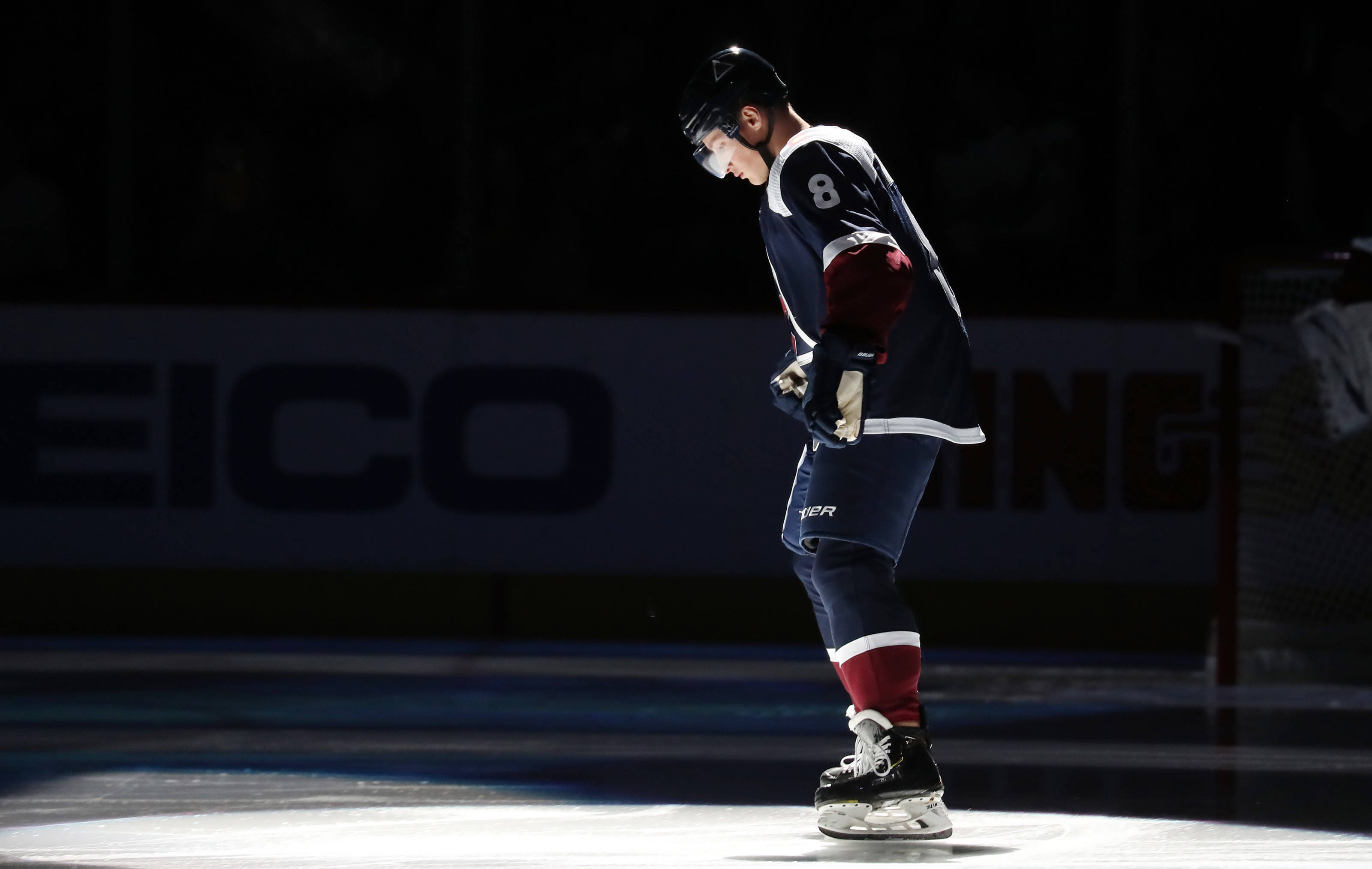 Cale Makar, defenseman, dark blue and red uniform, 2K Desktop Wallpaper