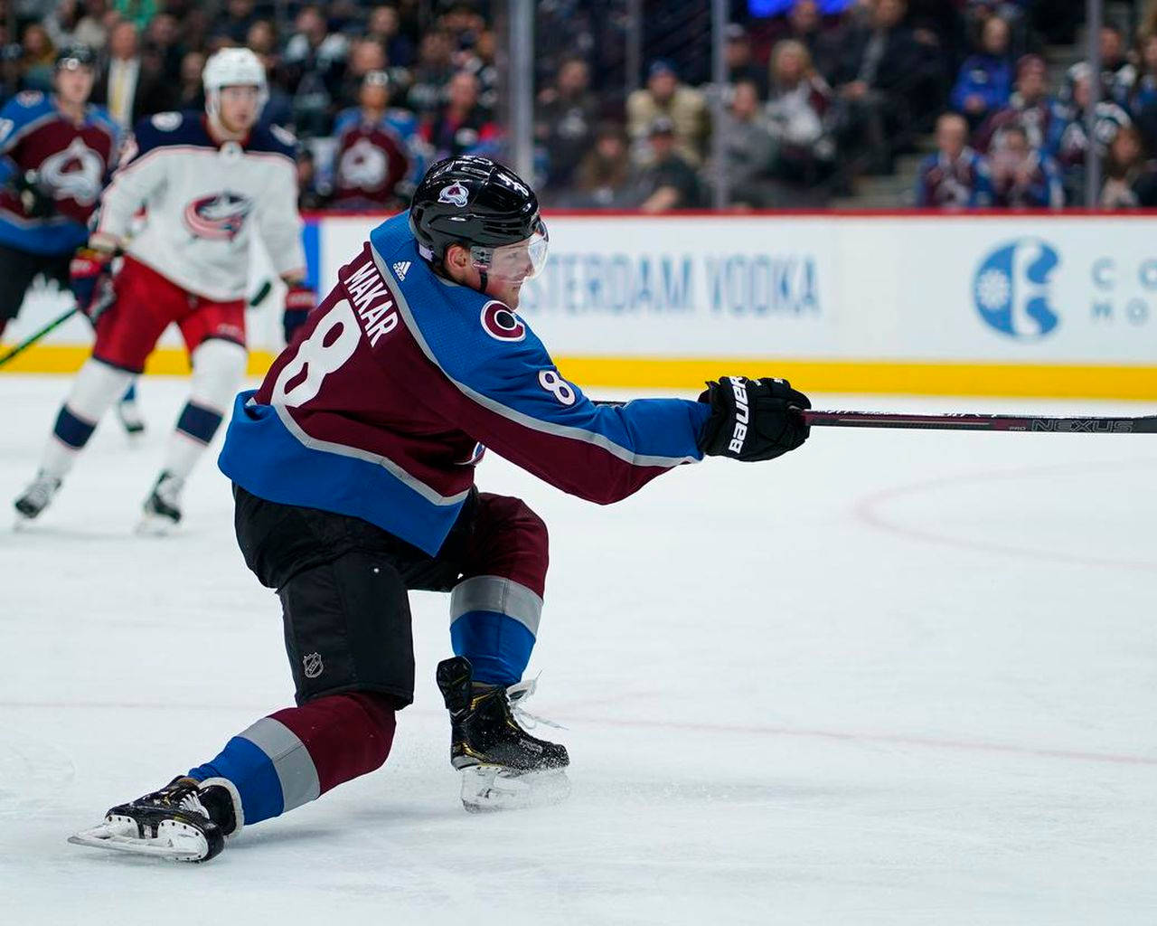 Cale Makar, blue and maroon jersey, hockey player, HD Desktop Wallpaper
