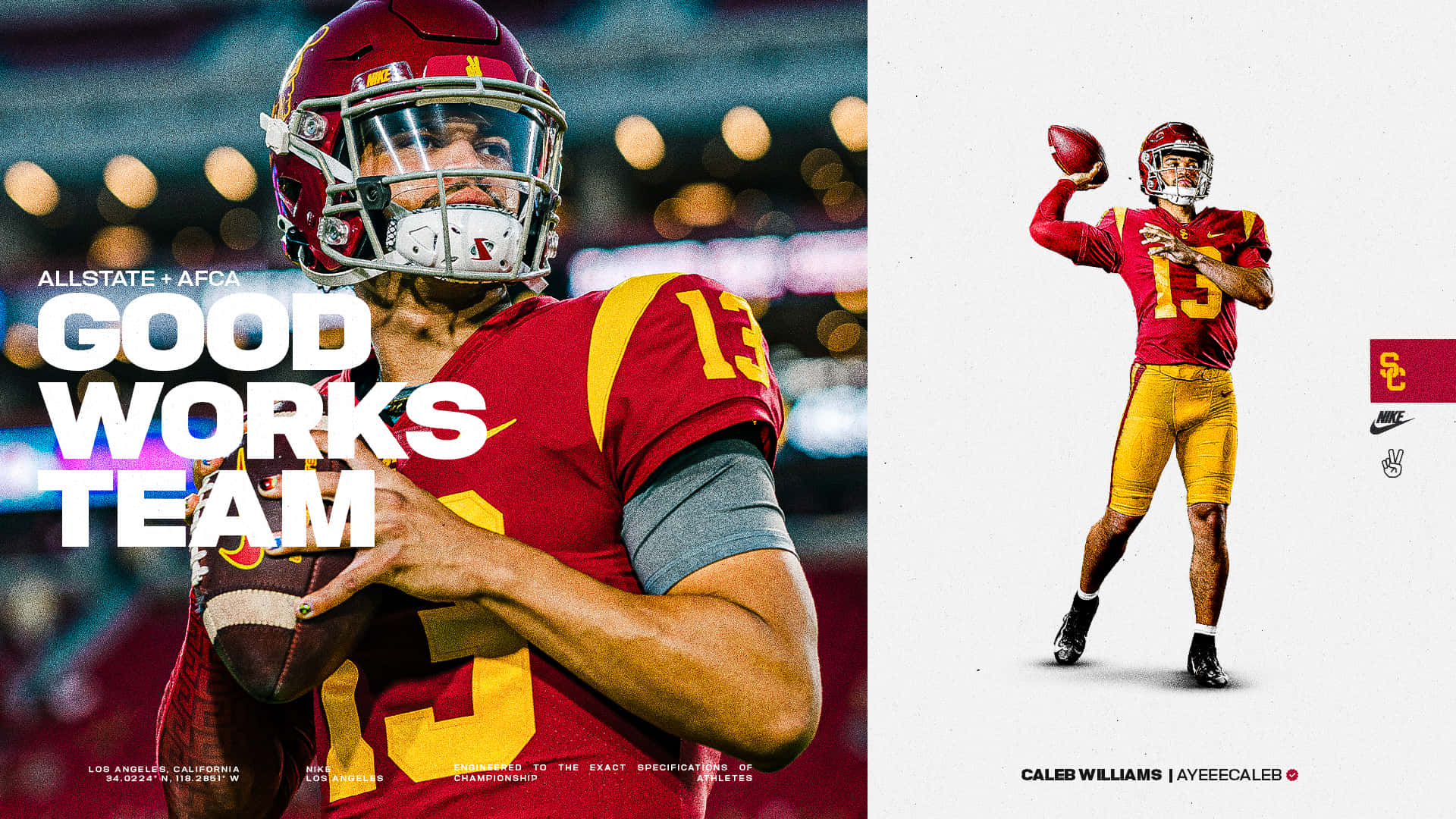 Caleb Williams, red and gold uniform, stadium lights, Full HD Desktop Wallpaper