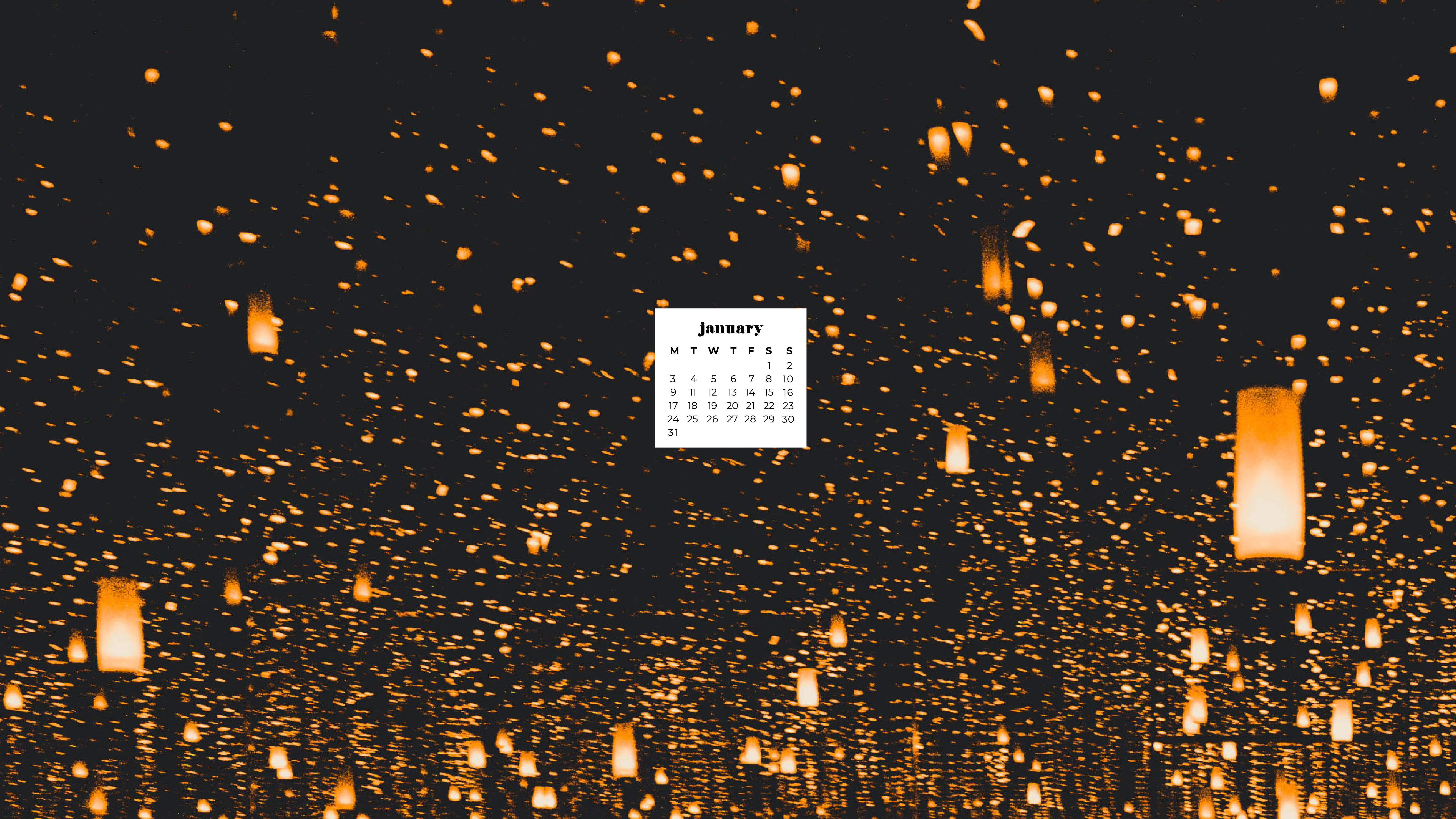 January 2022 calendar, glowing golden lanterns, dark sky, 5K Desktop Wallpaper