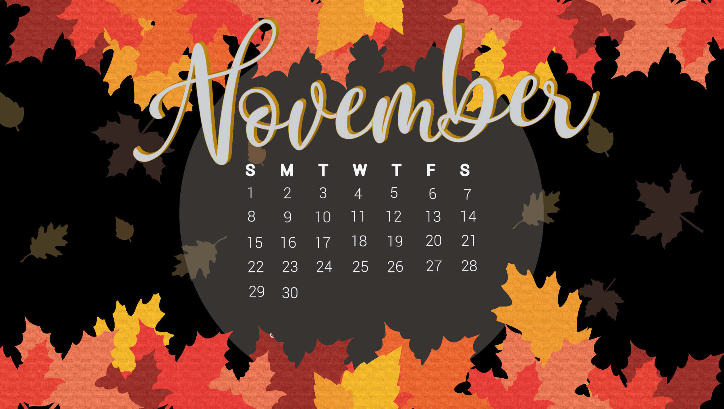 November 2020 Calendar, autumn leaves, red orange, Full HD Desktop Wallpaper