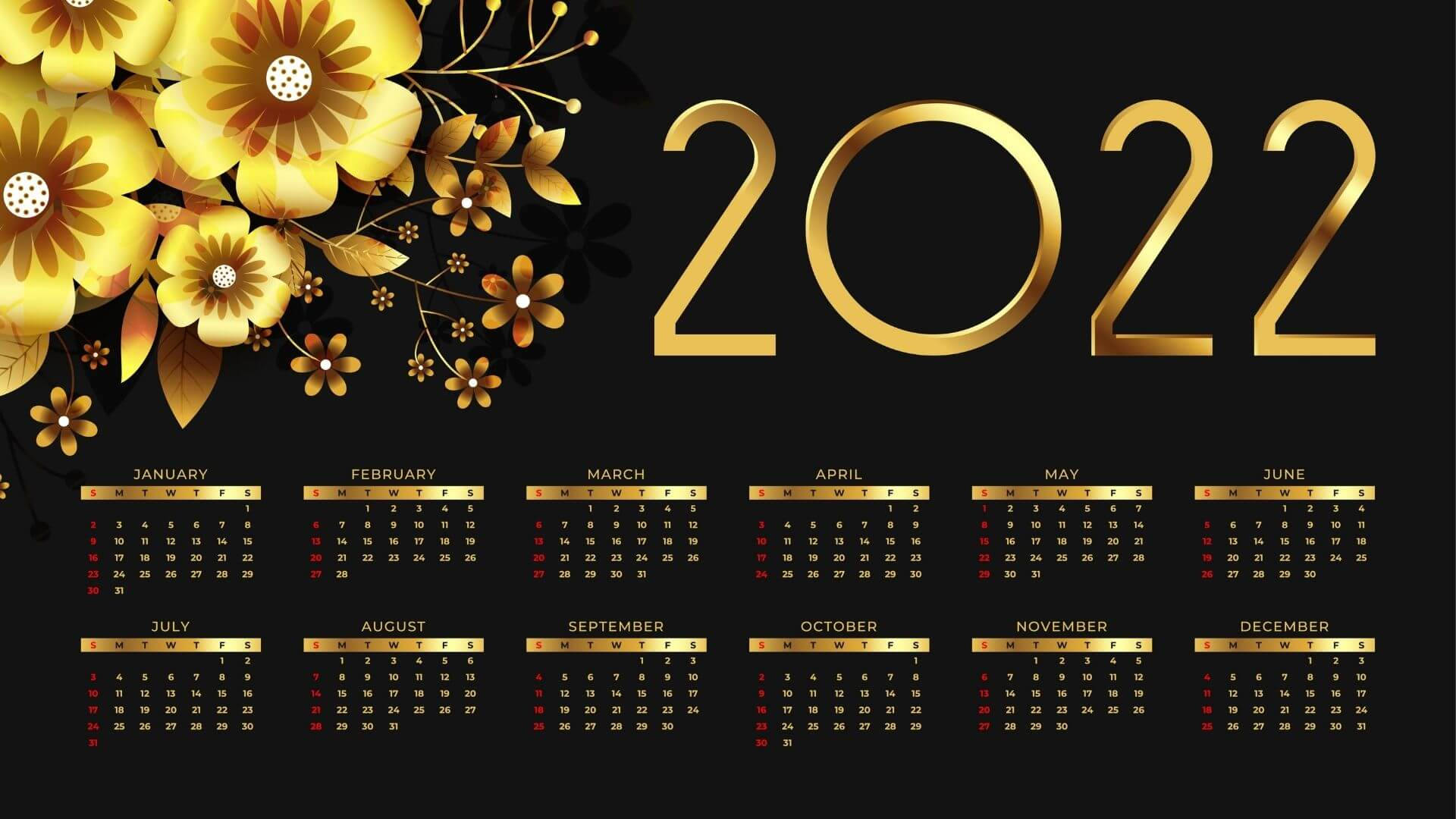 Golden 2022 Calendar, floral design, 2022 text, Full HD Desktop Wallpaper