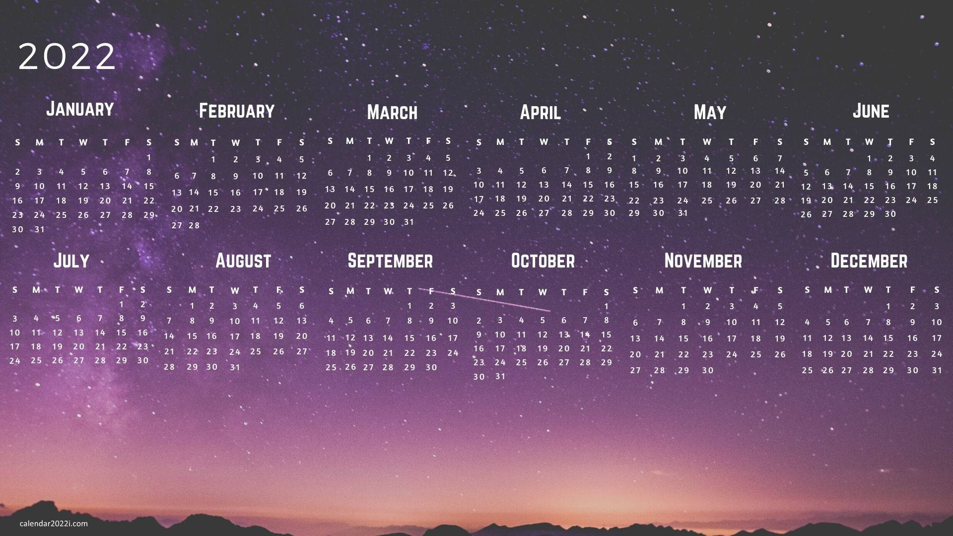 2022 calendar, vibrant purple and pink starry night sky, mountain silhouette, Full HD Desktop Wallpaper