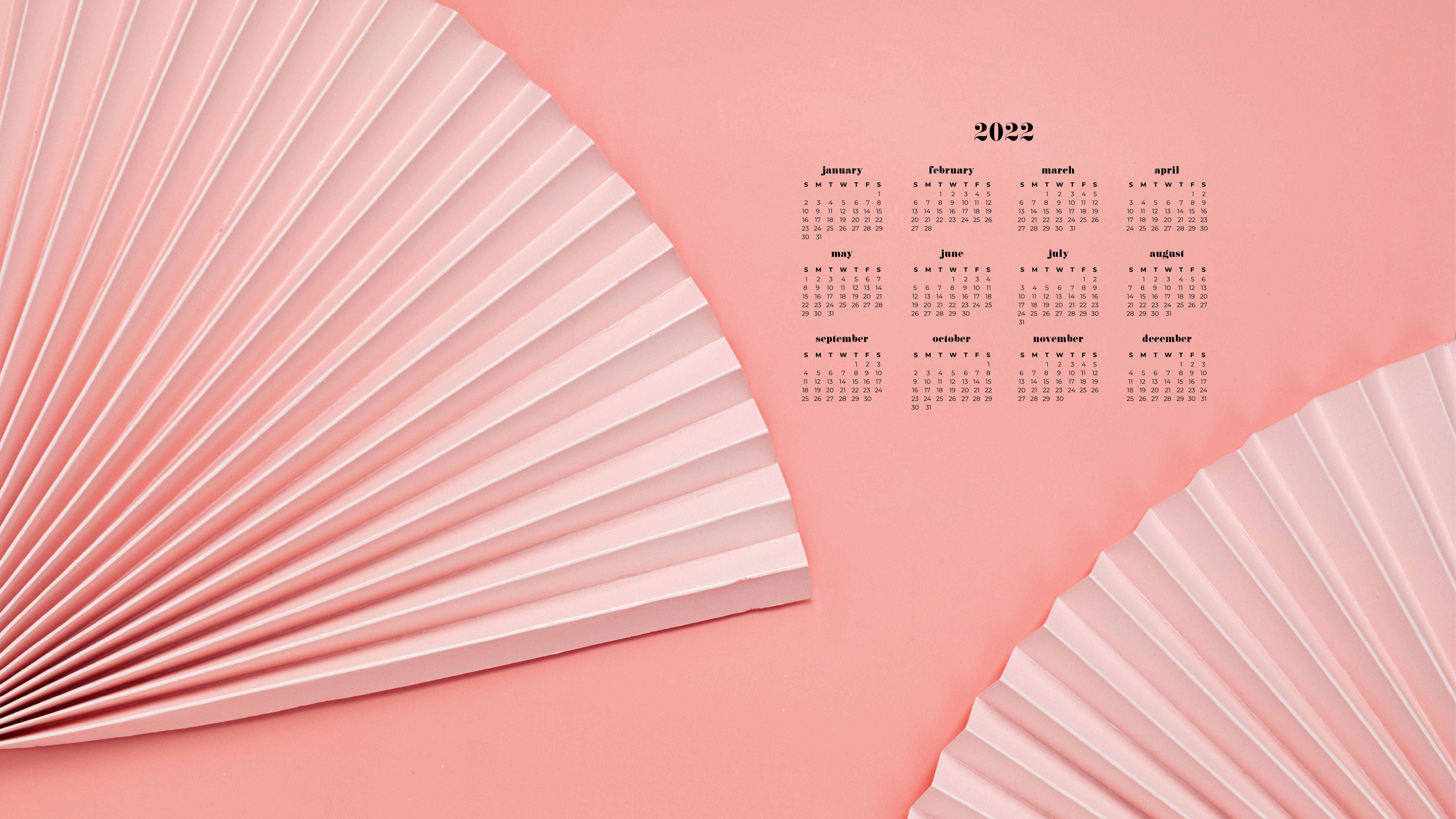 2022 calendar, paper fans, soft pink background, 5K Desktop Wallpaper