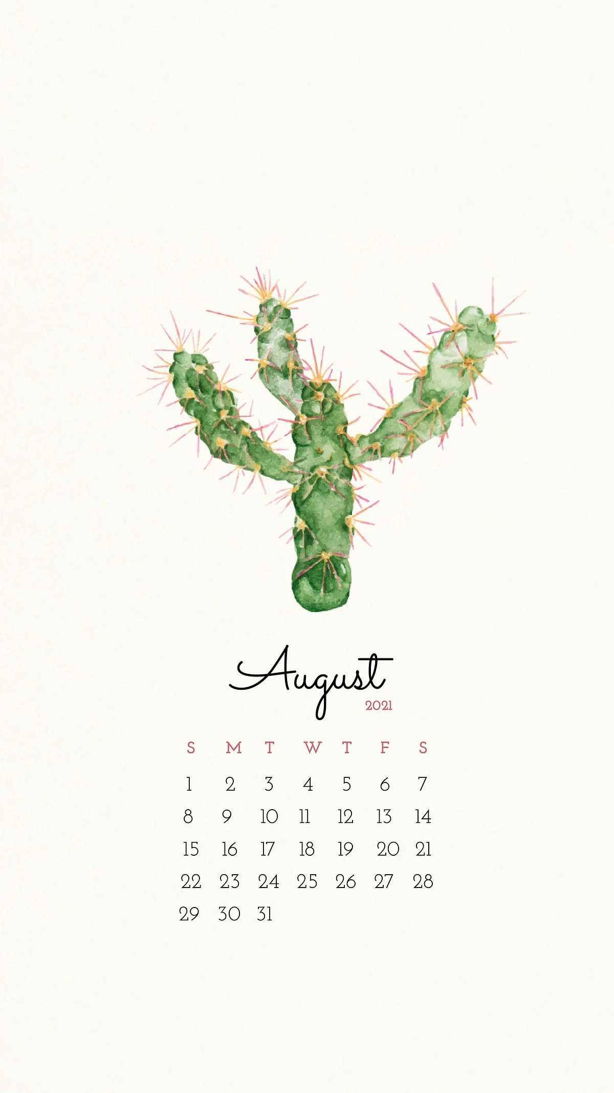 August 2021 calendar, cactus, Y shape, Full HD Phone Wallpaper