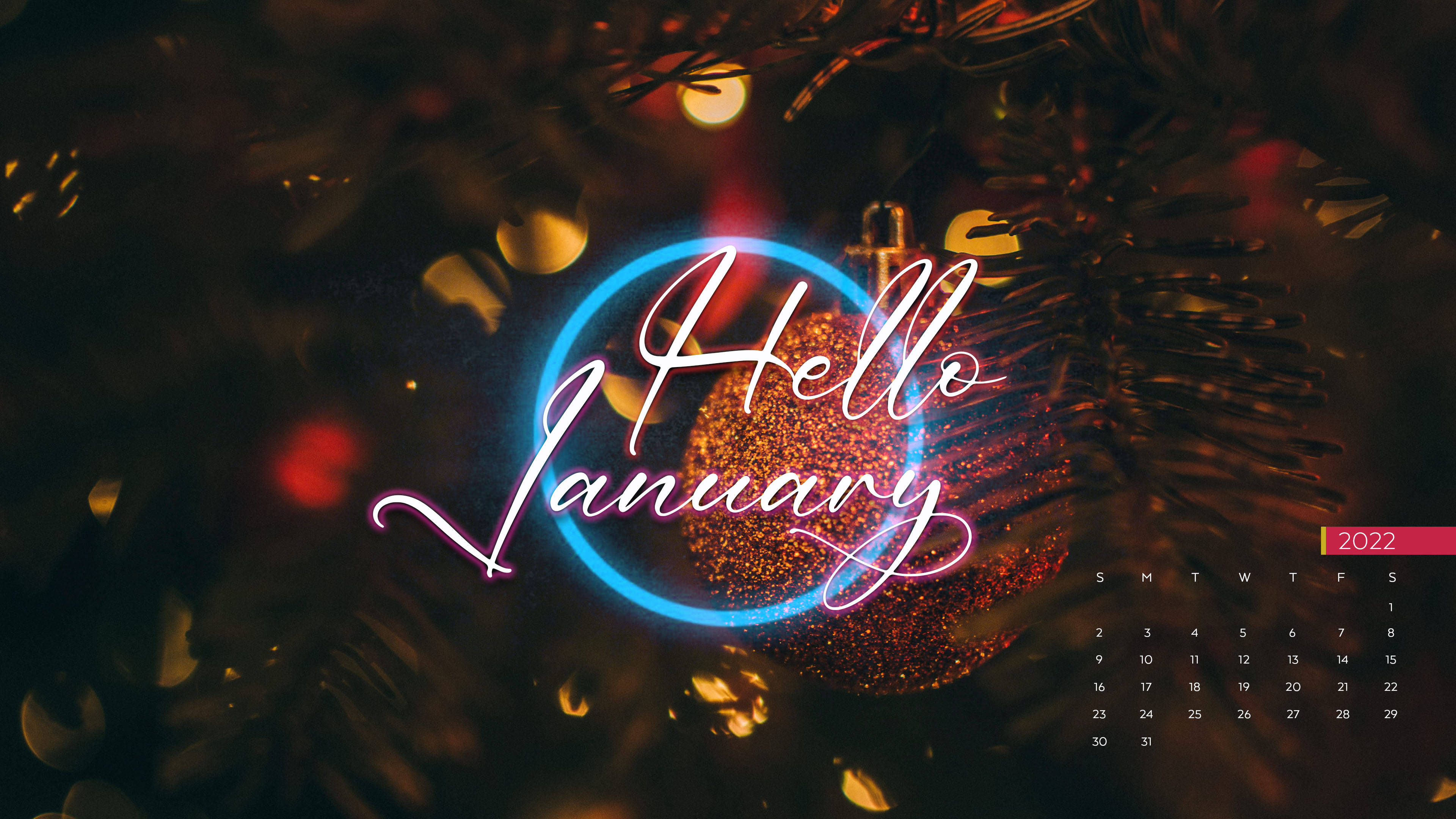 Hello January, neon, glittery red ornament, 4K Desktop Wallpaper