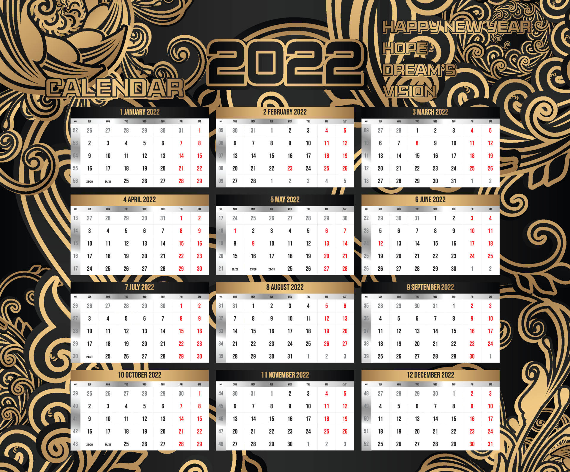 2022 calendar, gold ornate swirls, black background, Full HD Desktop Wallpaper