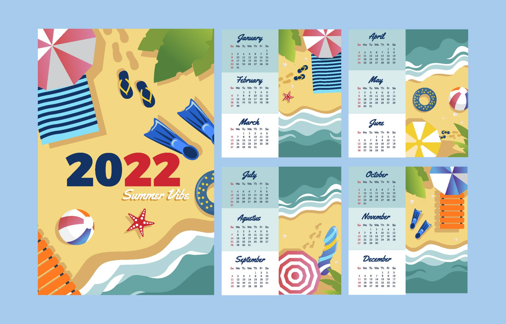 Summer Vibe 2022 Calendar, beach, flip flops, Full HD Desktop Wallpaper