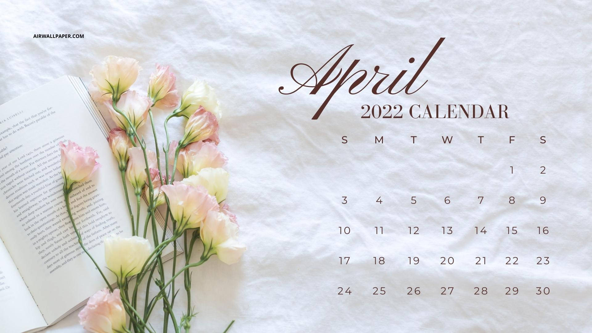 April 2022 calendar, open book, soft pink flowers, Full HD Desktop Wallpaper