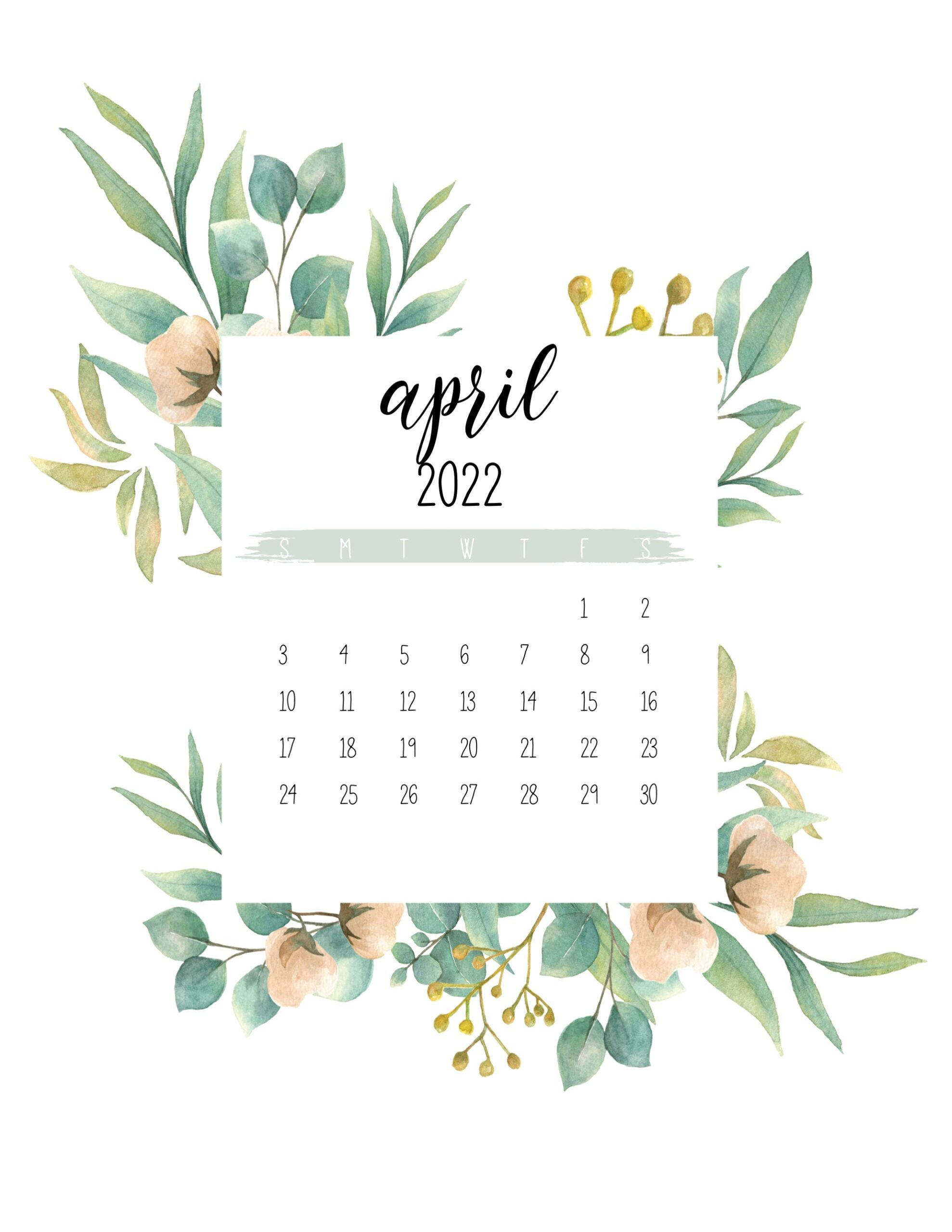 April 2022, watercolor, soft green leaves, 2K Phone Wallpaper