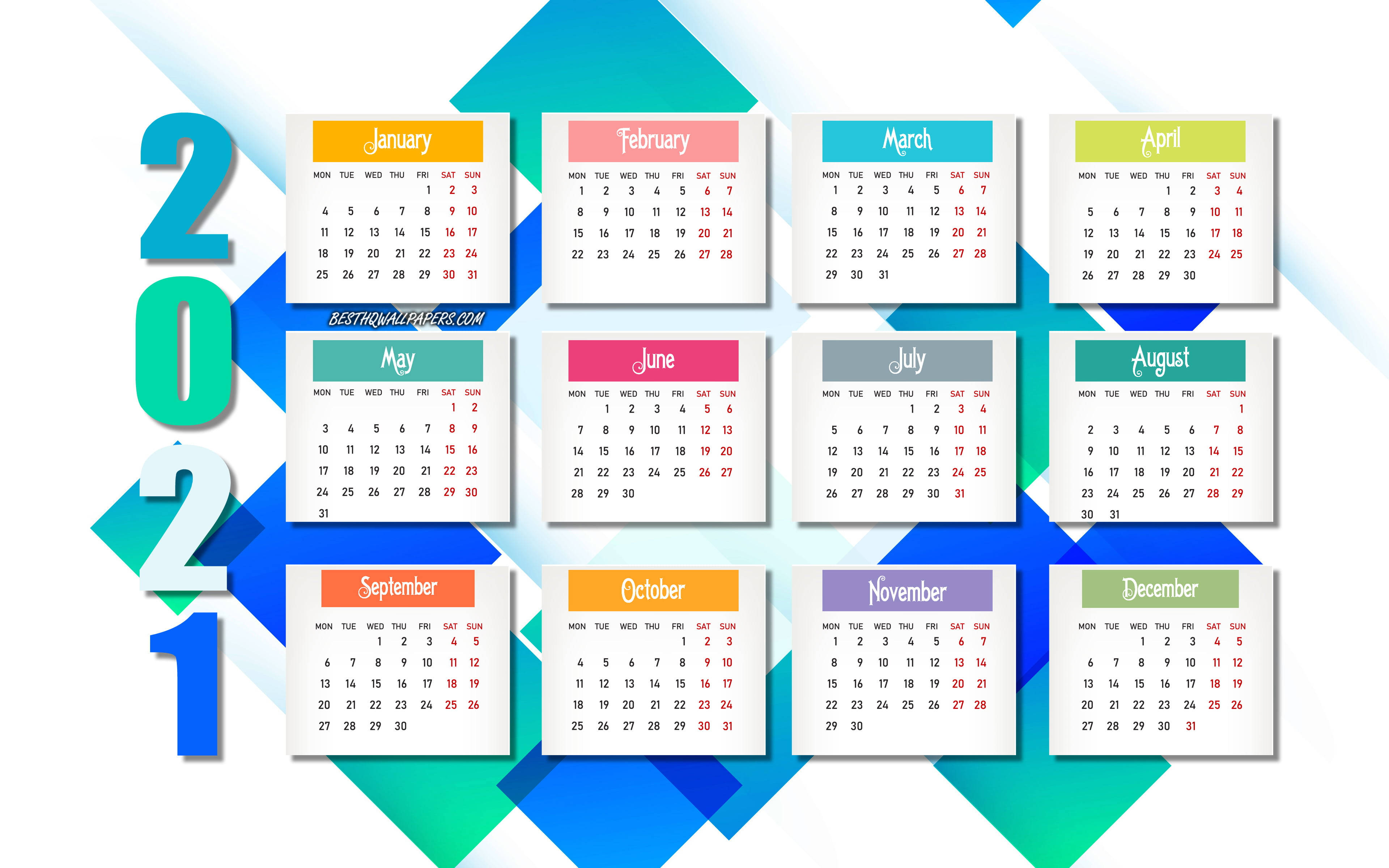 2021 calendar, colorful monthly grids, dynamic blue and teal geometric background, 4K Desktop Wallpaper