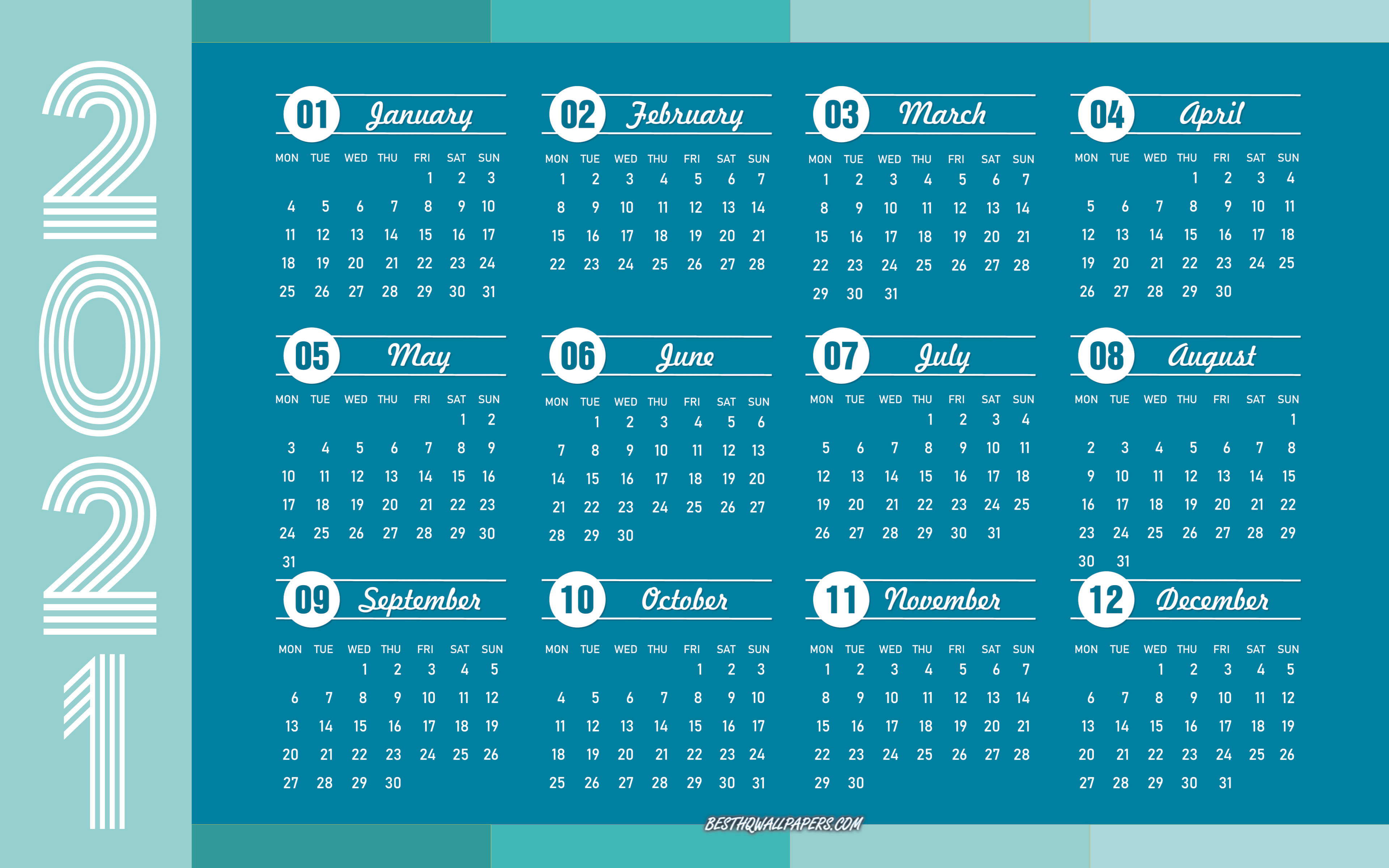 Blue Calendar 2021, teal background, white grid text, 4K Desktop Wallpaper